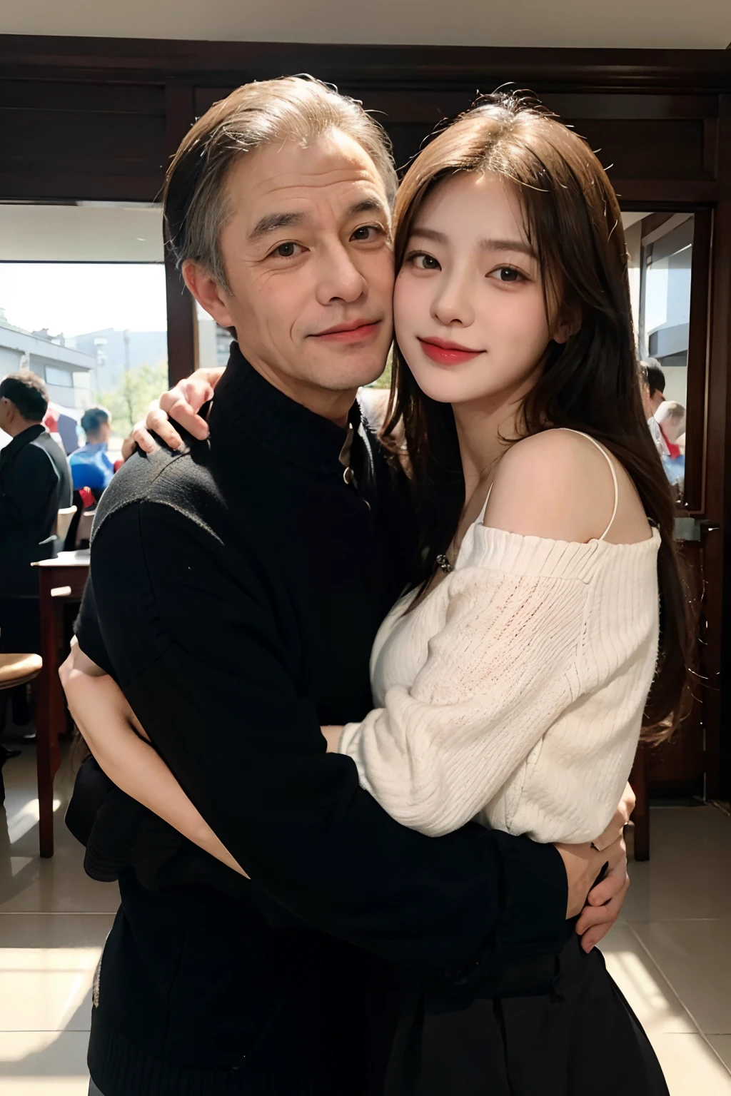 best images quality,超高分辨率,two guys,a young man and a woman,a beauty girl,Female: 18 years old,old man,Male 60 years old,Two people hugging each other,puss