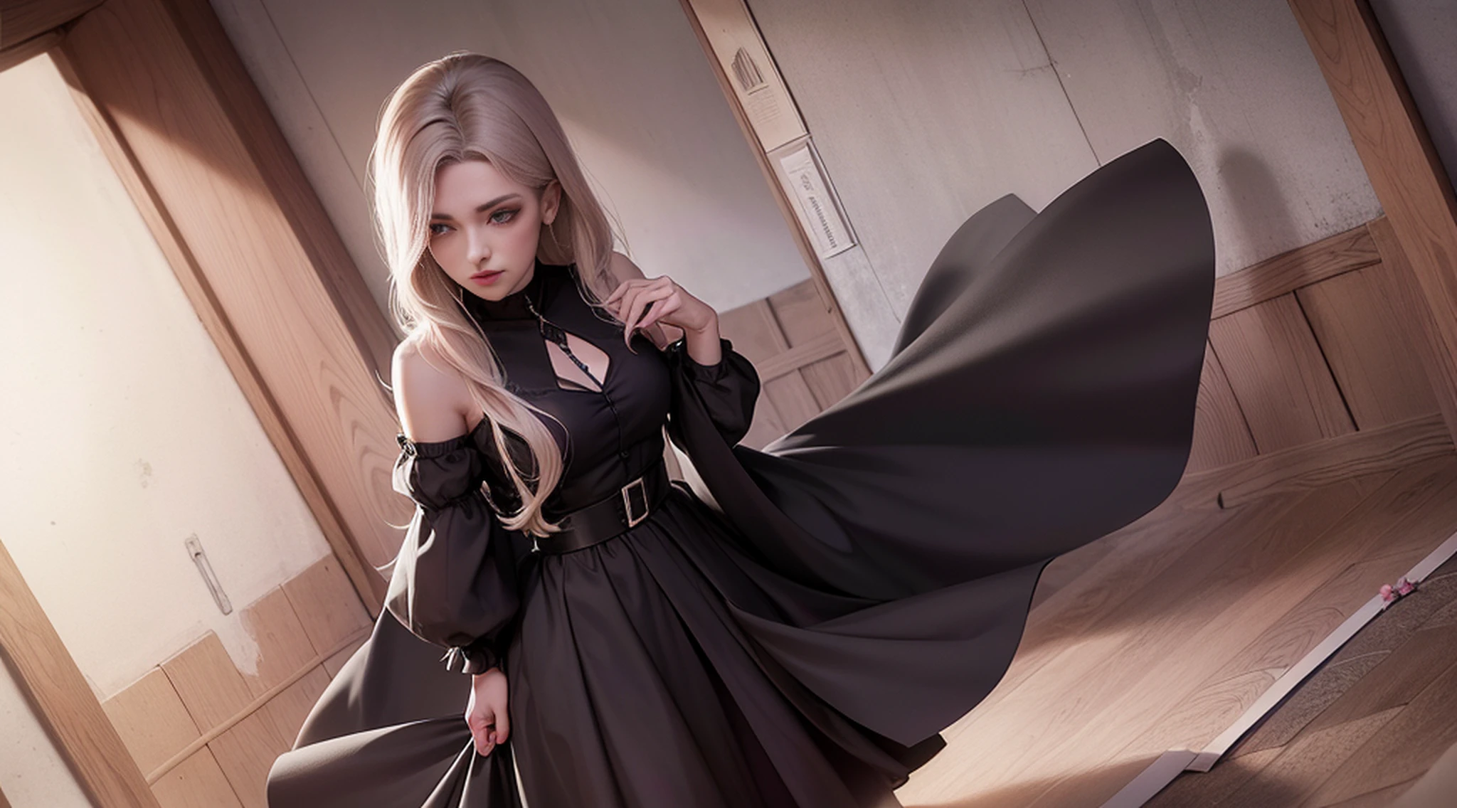 a female vampire (peitos pequenos, cabelos vermelho-sangue), obra-prima, melhor qualidade, (papel de parede CG unity 8k extremamente detalhado), (melhor qualidade), (best illustration), (melhor sombra), Absurdo, lifelike lighting, (abismo), lindo brilho detalhado, pose natural, de corpo inteiro, standingn, petals falling, interior, Fanning, lanterna, 16k, HDR, Alto, campo de profundidade, (grain of film: 1.1), livro, hora dourada, (Reflexo da lente), vinheta, rainbowart, (color classification: 1.5)@Vlademir Bernardes