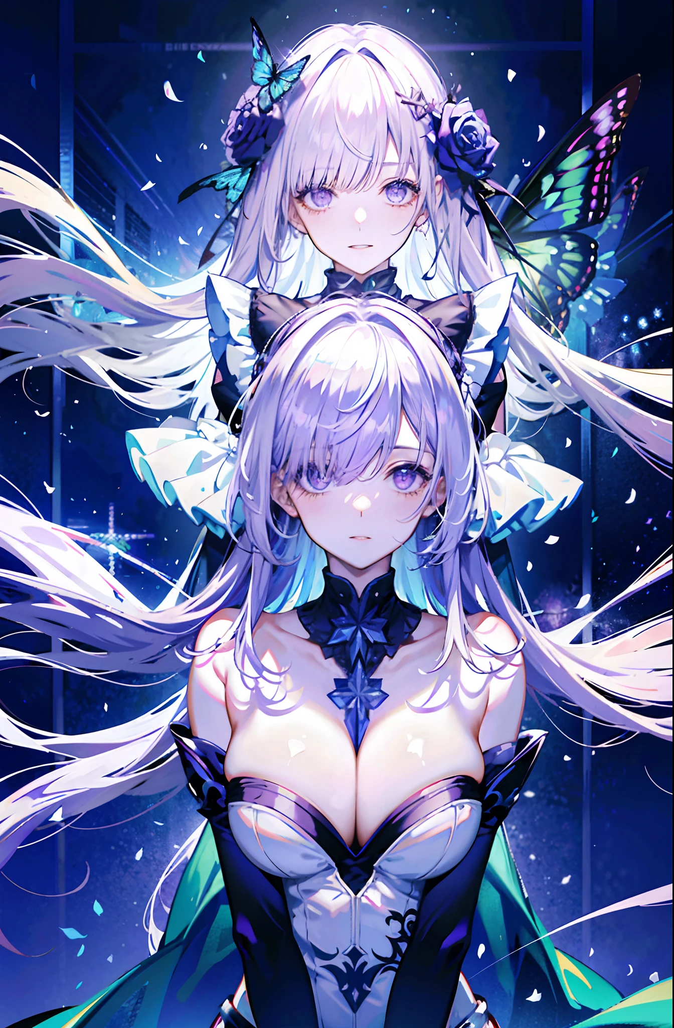 silber hair,butterflys,long whitr hair,8k wallpaper,detailedbackground,Highest high resolution,deep v big breasts,Hair covers one eye,Bandeau,Church background,Purple roses,tight-fitting,themoon,stocklings