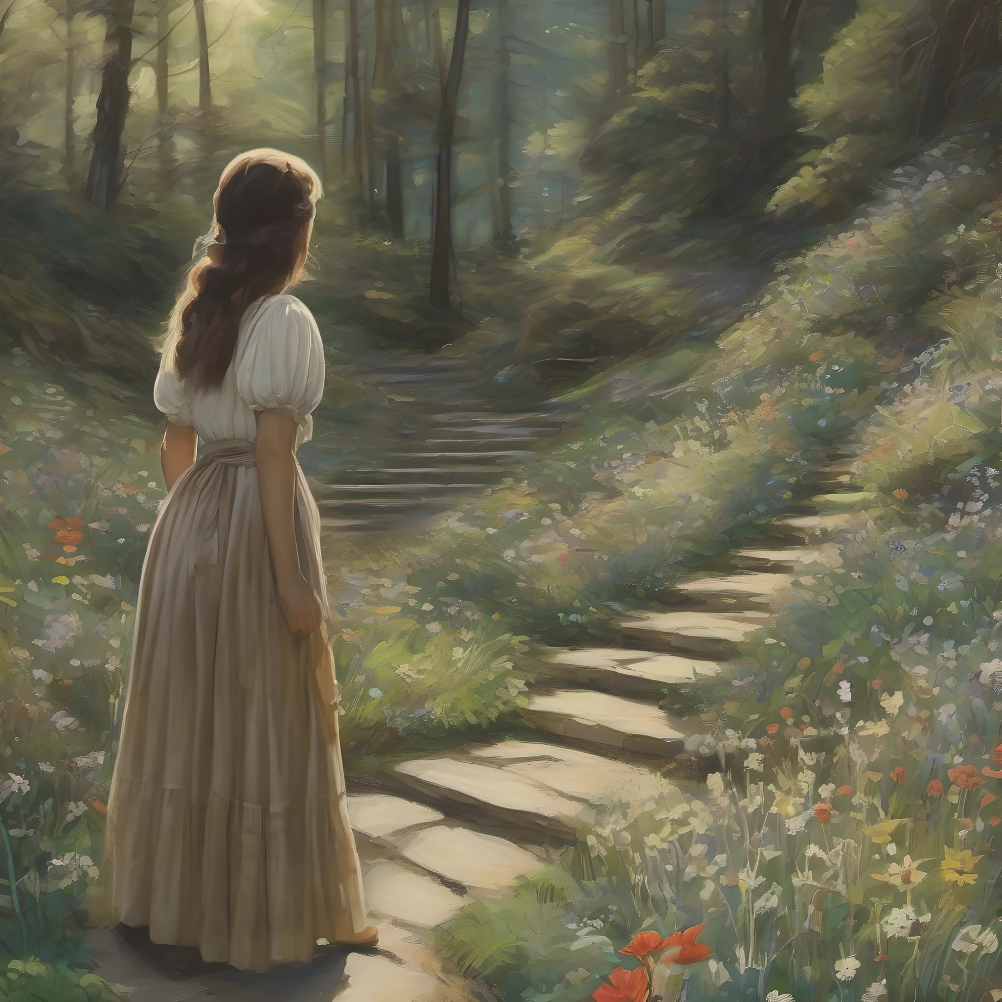 Painting of a woman in a long dress standing on a path in a forest ...