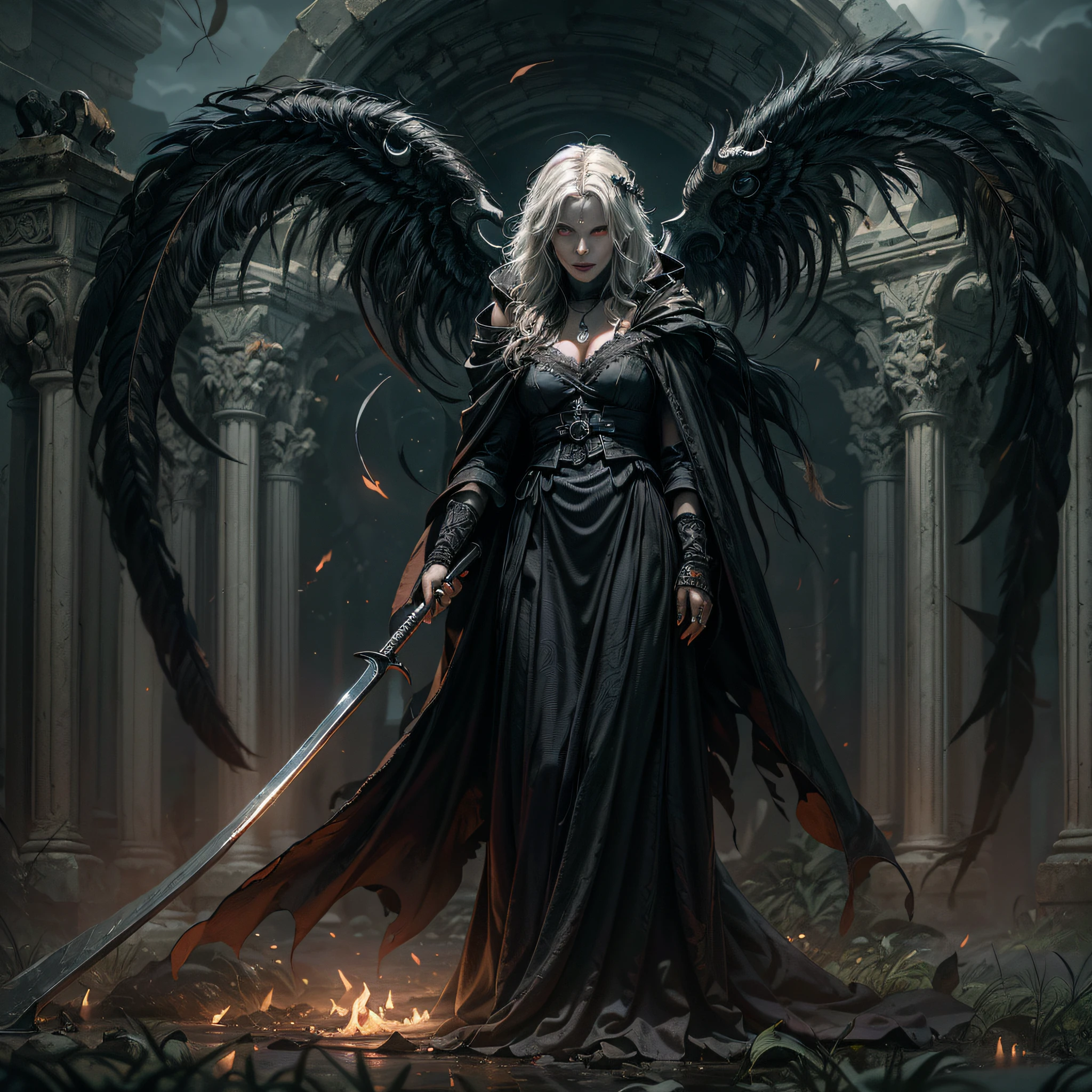 (Numerous award-winning masterpieces, with incredible detail, textures and maximum detail), (hyper realistic:1.4), (realistic:1.3), (best quality real texture skin), (finely detailed true circle eyes), (finely Detailed and beautiful face:1.6), ((medieval world)), (grim reaper:1.4), (icy look in the eye), (she has a nasty smile on her face but her eyes aren't smiling:1.3), (Full-length portrait:1.5), (It has a soul-reaping scythe in its hand:1.5), (Eyes that glow red in the dark), (Dramatic Light), (full-body standing image:1.5), (A majestic sight), Her countenance is gentle and beautiful, but somehow terrifying, (Large wings with ragged black feathers behind shoulders:1.3), (Wears a dark black hooded robe with intricate patterns:1.2), (A sack containing reaped souls with a faint glow:1.3), Folded wings, Earrings with a skull pattern, (Followed by Skeleton Reaper: 1.3), (((dramatic photo))), (twilight), (sunset), (dusk), ((dramatic pose)), (flamboyant photo), (golden hair), (silver hair), (chestnut hair), ((looks up)), ((looking down)), (gives full-body standing image:1.5), (Around her neck is a simple necklace of exquisite workmanship), Forgotten Tomb Overgrown with Vegetation, Great Tomb, Underground Labyrinth, Evil Temple Ruins, Sacrificial Temple, Mysteriously, (Magic Circle of Ominous Shine:1.2), Ancient Castle Ruins, Deserted Graveyard Ruins, Crumbled Ancient Tomb, Stagnant Water Ancient Ruins, Swamp Ruins, wavelets, running water, Shining majestic cloud masses and sky, lightning bolt,
