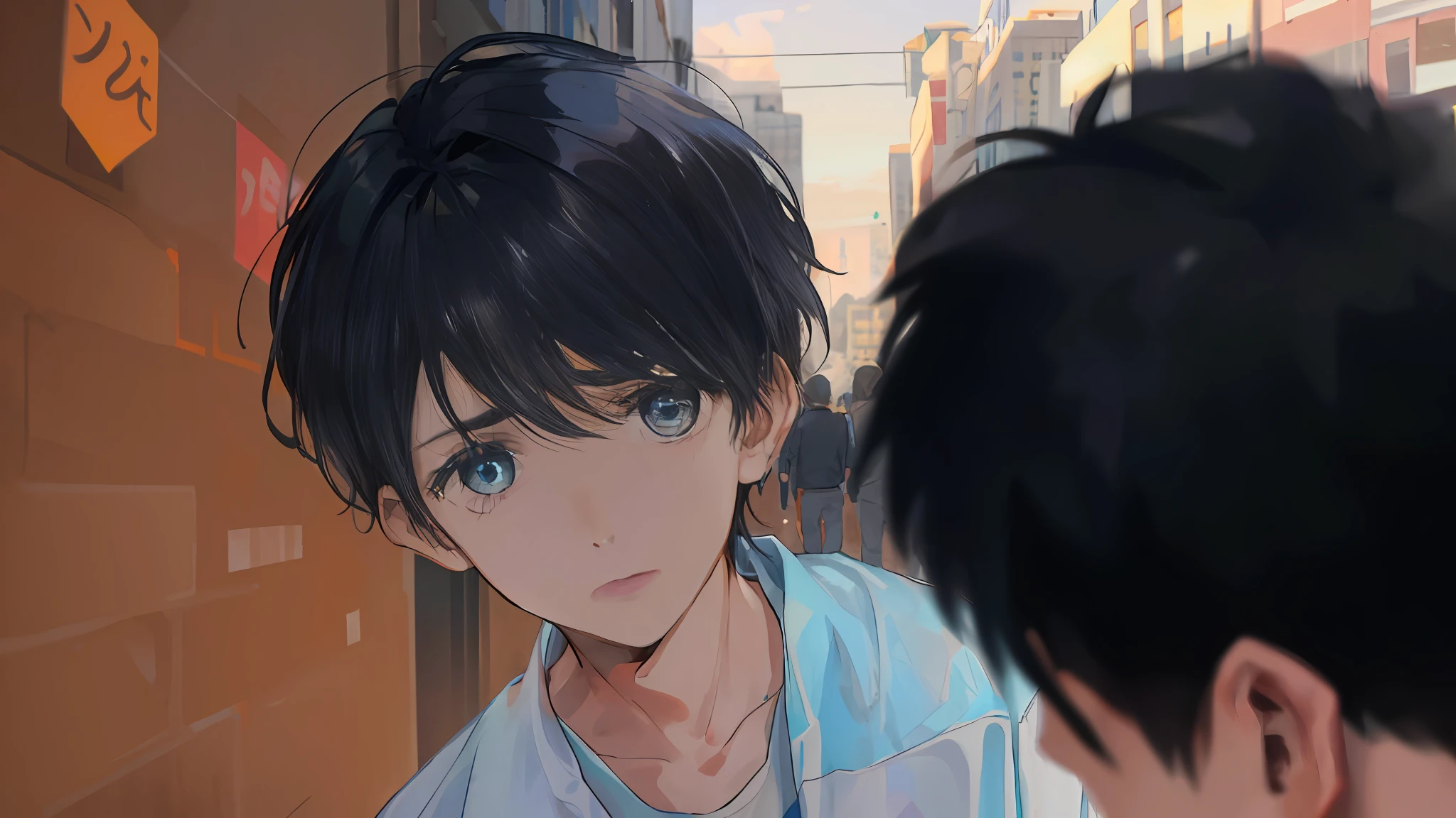 14-year-old boy lost in the city looks sad, lo vemos desde atras mirando triste una cuidad o sabe en donde esta tiene cabello azul
