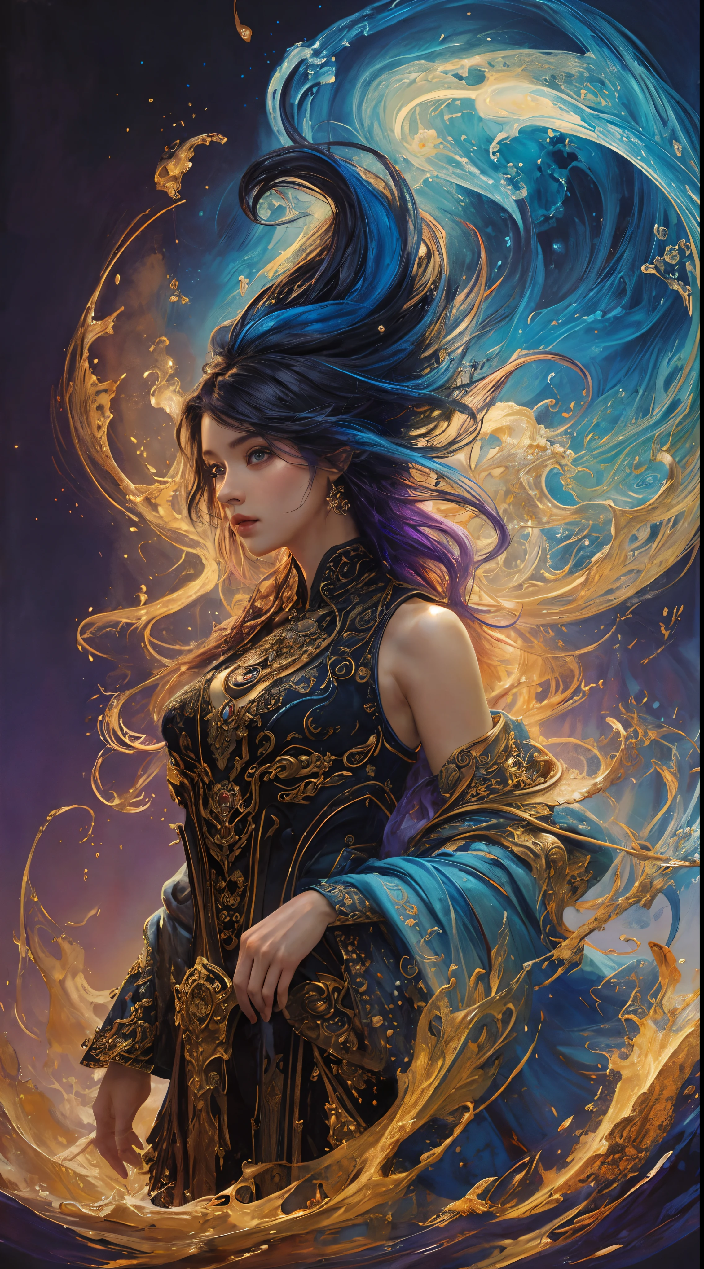 Colorful beautiful girl: a giru 28-years old, messy hair, oil painting, nice perfect face with soft skinice perfect face, blue yellow colors, light purple and violet additions, light red additions, intricate detail, splash screen, 8k resolution, masterpiece, cute face,artstation digital painting smooth veryBlack ink flow: 8k resolution photorealistic masterpiece: intricately detailed fluid gouache painting: by Jean Baptiste Mongue: calligraphy: acrylic: watercolor art, professional photography, natural lighting, volumetric lighting maximalist photoillustration: by marton bobzert:, complex, elegant, expansive, fantastical, wavy hair, vibrant, Best quality details, realistic, High definition, High quality texture, epic lighting, Cinematic film still, 8k, soft lighting, anime style, masterful playing card border, random Colorful art, oil painting, blue yellow colors, light purple and violet additions, light red additions, intricate detail, splash screen, 8k resolution, masterpiece, artstation digital painting smooth veryBlack ink flow: 8k resolution photorealistic masterpiece: intricately detailed fluid gouache painting: by Jean Baptiste Mongue: calligraphy: acrylic: watercolor art, professional photography, natural lighting, volumetric lighting maximalist photoillustration: by marton bobzert:, complex, elegant, expansive, fantastical, vibrant