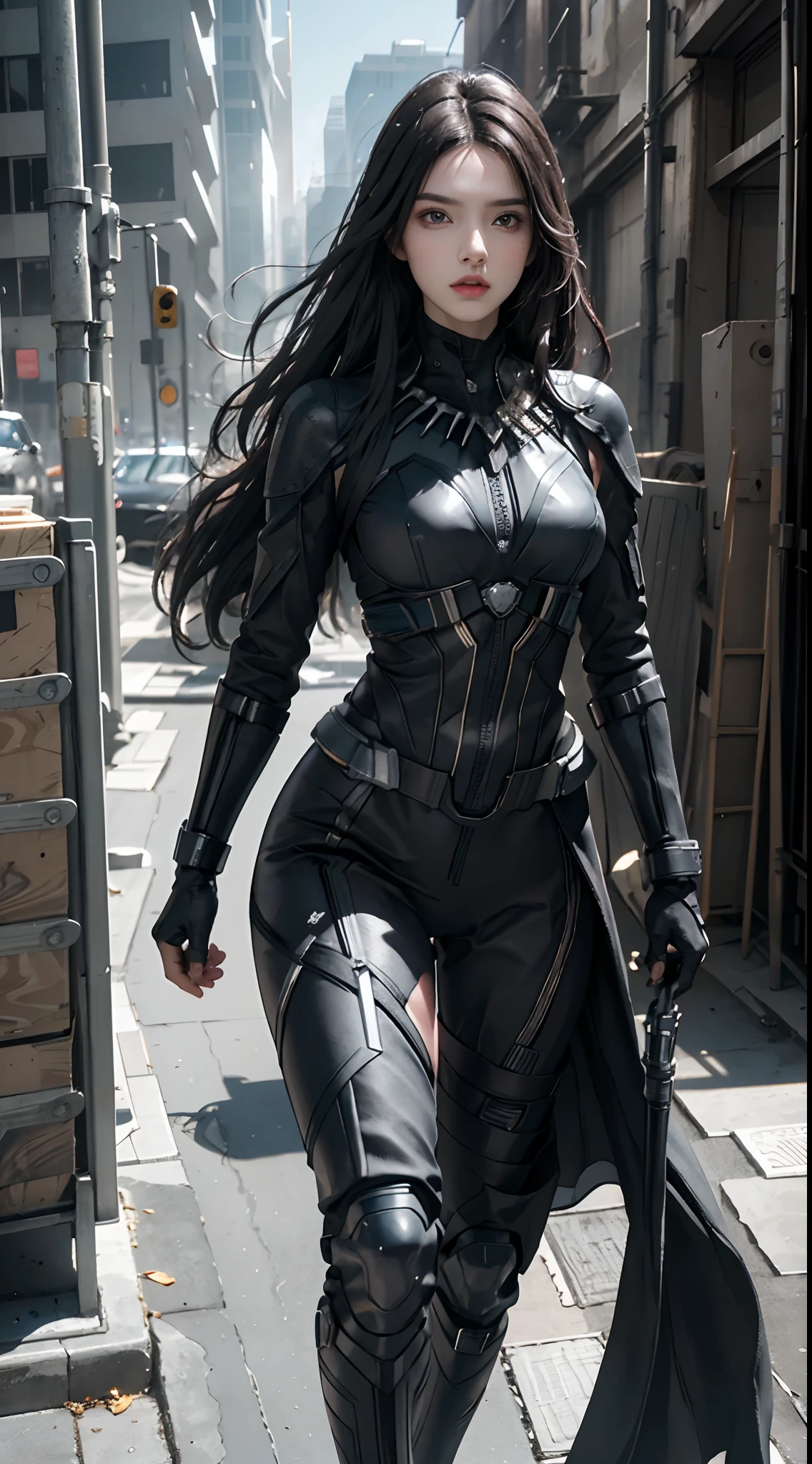 (1girl:1.3), solo, __body-parts__, official art, unified 8k wallpaper, super detailed, beautiful and aesthetic, beautiful, masterpiece, best quality, raw, masterpiece, super fine photo, best quality, super high resolution, photorealistic realism, sunlight, full-body portrait, amazing beauty, dynamic pose, delicate face, vibrant eyes, (from the front), she wears a futuristic Black Panther suit, blue black scheme, (holding a shield), A capital A on chest, very detailed abandoned warehouse background, detailed face, detailed complex busy background, messy, gorgeous, milky white, highly detailed skin, realistic skin details, visible pores, sharp focus, volumetric fog, 8k uhd, DSLR camera, high quality, film grain, fair skin, photo realism, lomography, huge metropolis in future dystopia, seen from below, translucent