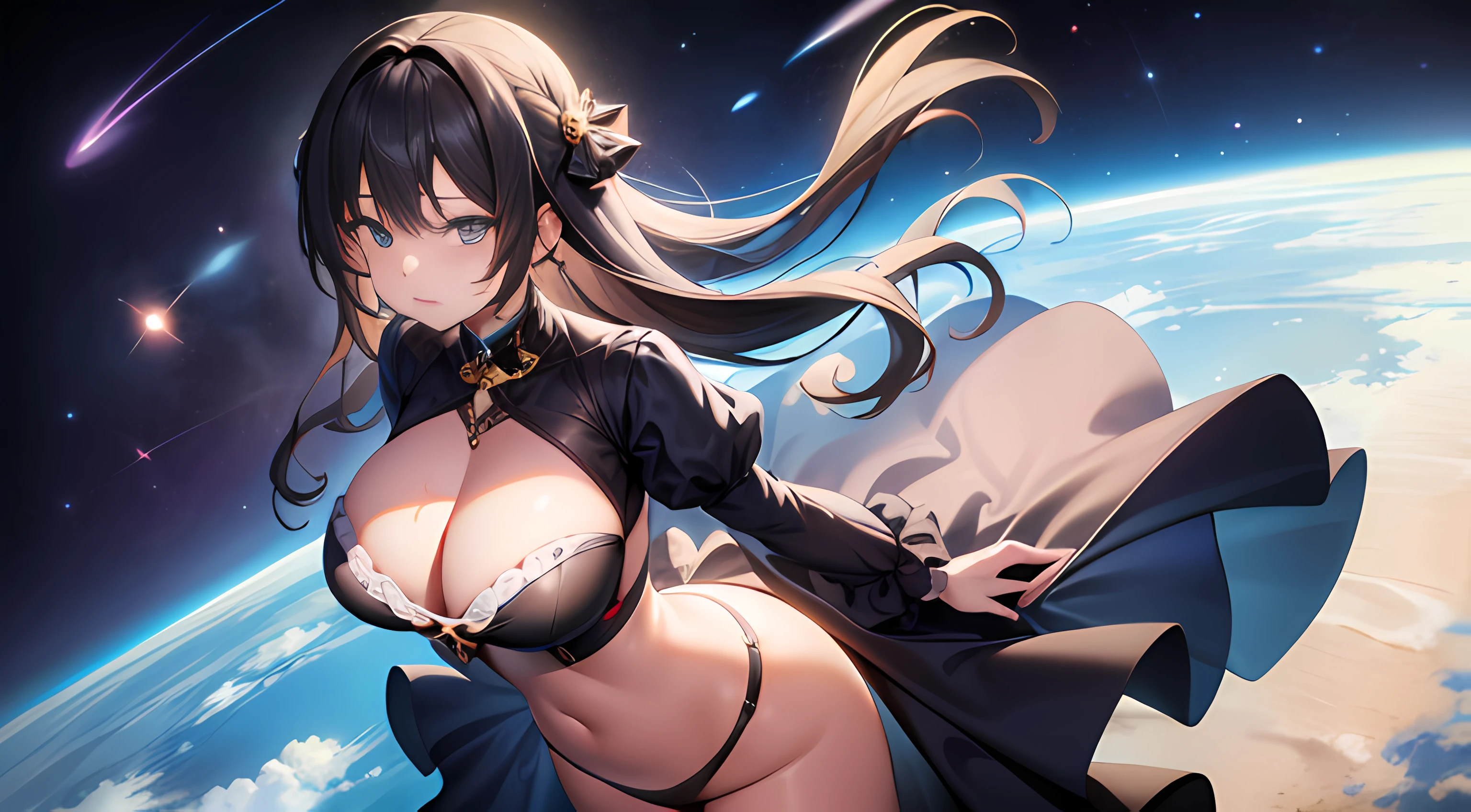 absurd res, high res, (masterpiece:1.4), ultra-detailed, 1girl, from above, space, floating