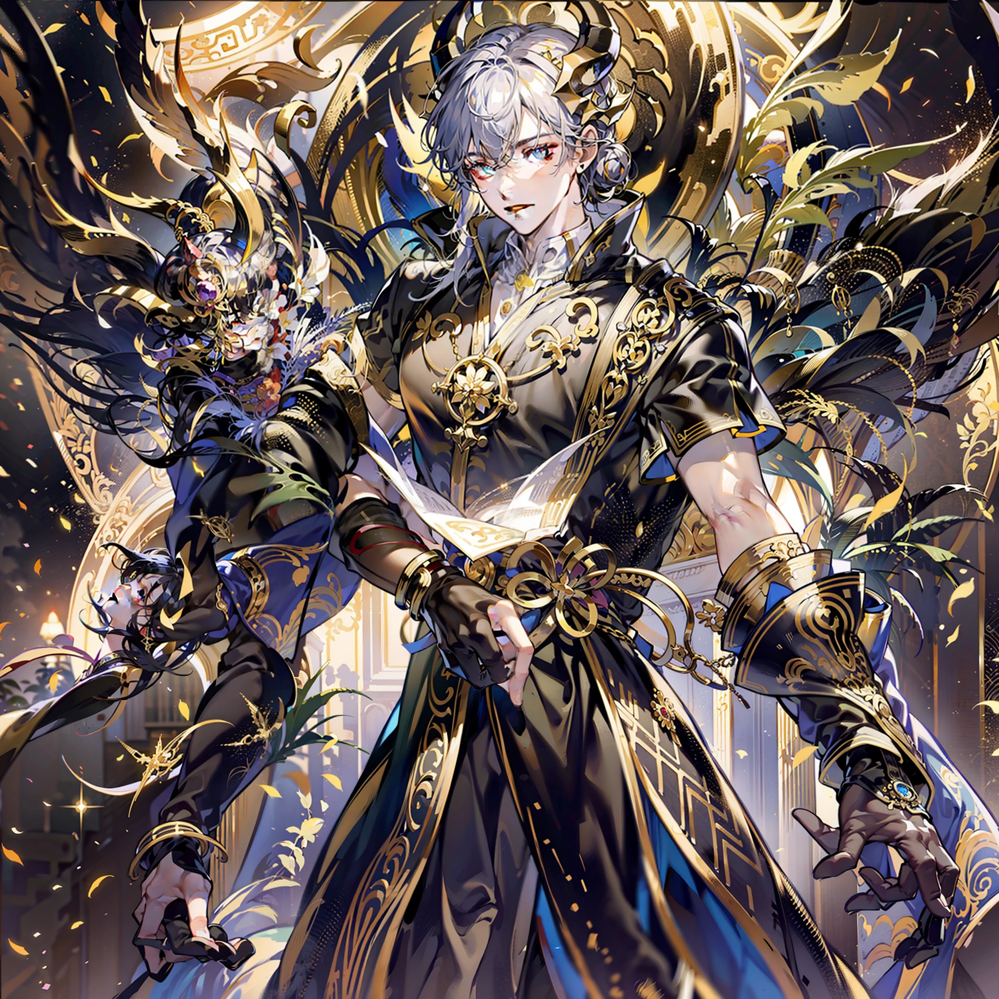 （hoang lap，A high resolution，ultra - detailed），1male people，AS-Adult，handsome，Tall muscular man，a broad shouldered，finely quality eyes，white color hair，Gold hanging ear dye，fanciful，Intricate patterns，详细的脸，thrones，Magic effects，best ratio four finger and one thumb，Oily, shiny, dark skin，Golden-colored pupils，Gold-colored eyeshadow，Well-developed strong muscles，Prominent demonic traits，ssmile，（Dutch angle），Keep one's mouth shut，A V-shaped open collar that exposes the pectoralis muscles on the upper body，Black and gold robe on the lower body，An arrogant look，Tall figure，Single protagonist，Expose muscles，background inside dark，Rainbow-colored night stars，No Chinese elements，Extremely gorgeous style，epic，tmasterpiece，best qualtiy，A long demon horn with a golden glow above his head，Dark-skinned male，Mature and strong body，Adult male，Black and gold theme，Gold colored jewelry and jewelry，Single protagonist