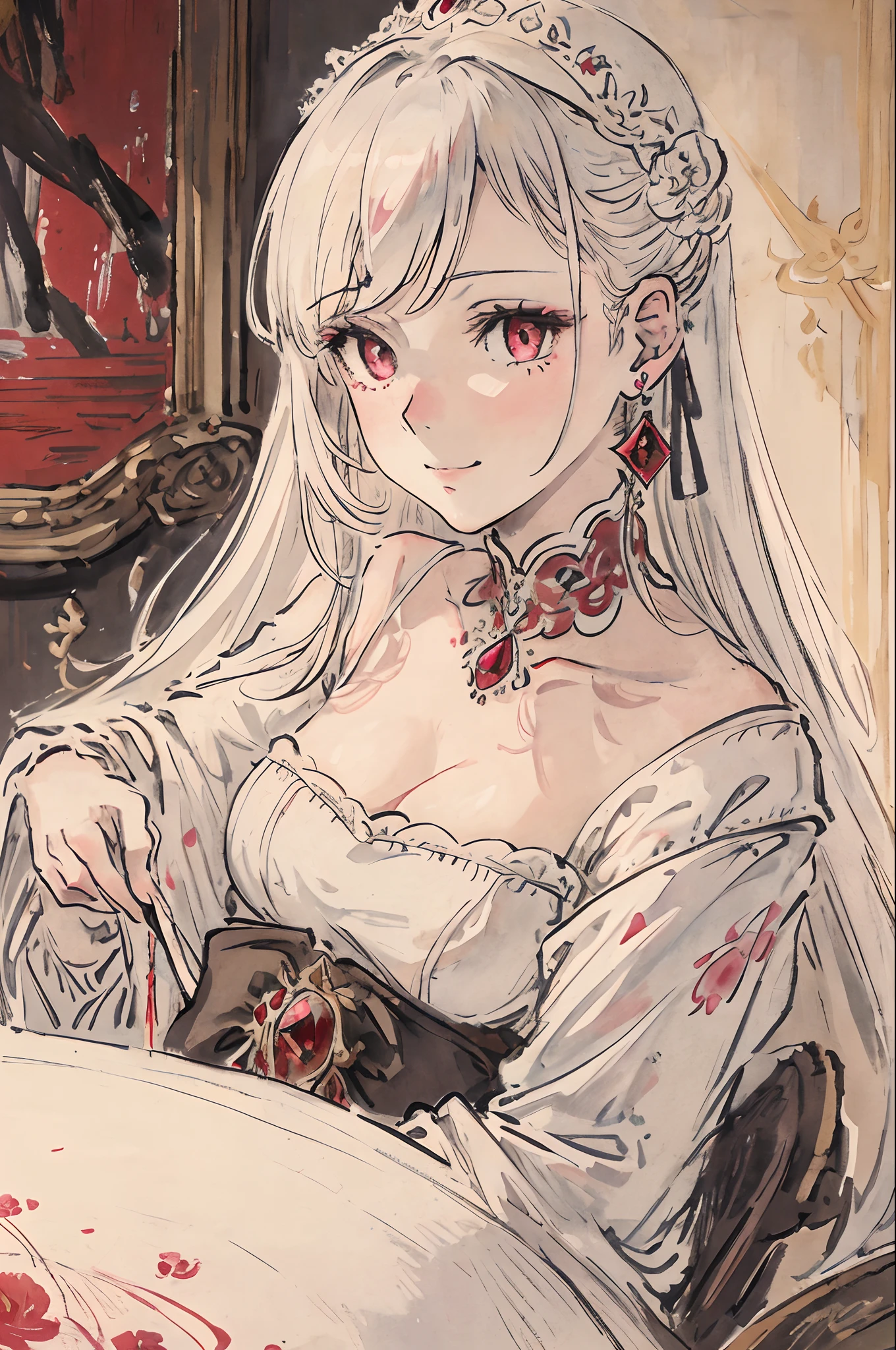 masterpiece, best quality, an extremely delicate and beautiful girl,an extremely delicate and beautiful, world masterpiece theater, ultra-detailed, highly detailed, best quality, white hair, highres, extremely detailed,1 girl, best quality, illustration, looking at viewer, impasto, canvas, oil painting, realistic, realist ,real, crimson eyes, Gothic loli, Holding a ruby earring, a gentle smile