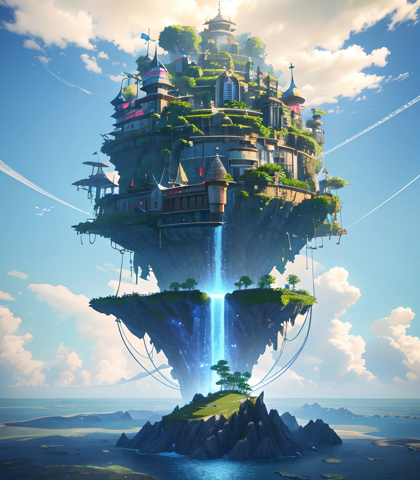 Help me make a game architecture design, casual game style, 3d effect,The island is suspended in the air,borgar,城市,fanciful,Amazing plant growth,extremy detailed,realistic raytraicing,Epic composition,(Complicated details),art stations,hyper HD, tmasterpiece, super detailing, Best quality at best