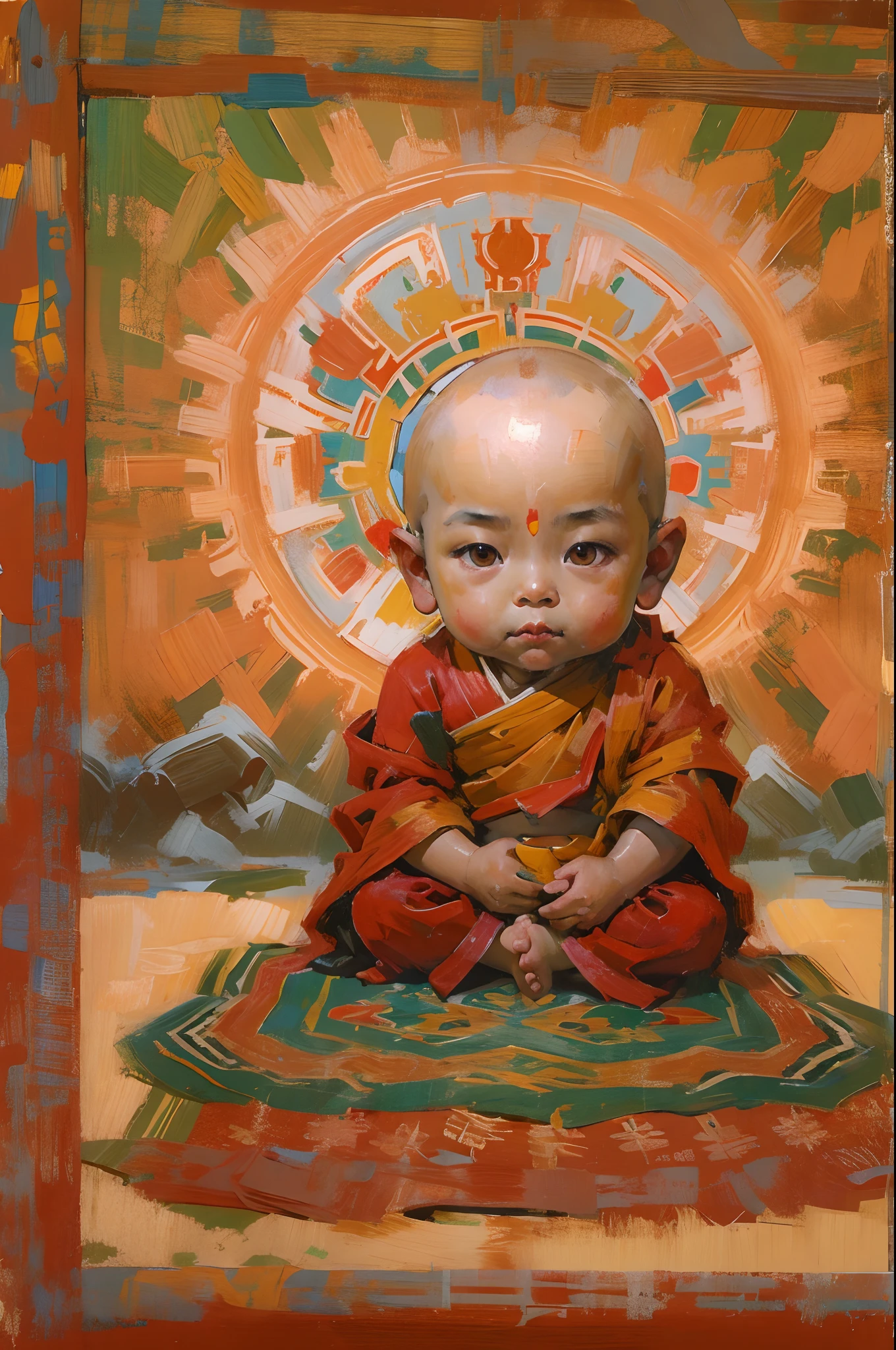 Shigatse, Tibet，Cute cute and serious baby boy living Buddha，Tibetan Buddhist monk clothing，bald-headed，Buddha，Sit cross-kneeled，Red face，and the sun was shining brightly，oil painted，inks，acrycle painting，tmasterpiece，Renaissance style，best qualtiy，A high resolution，super-fine，Eyes detailed，Face detailed，hair detail，Accurate，Clear eye focus close-up