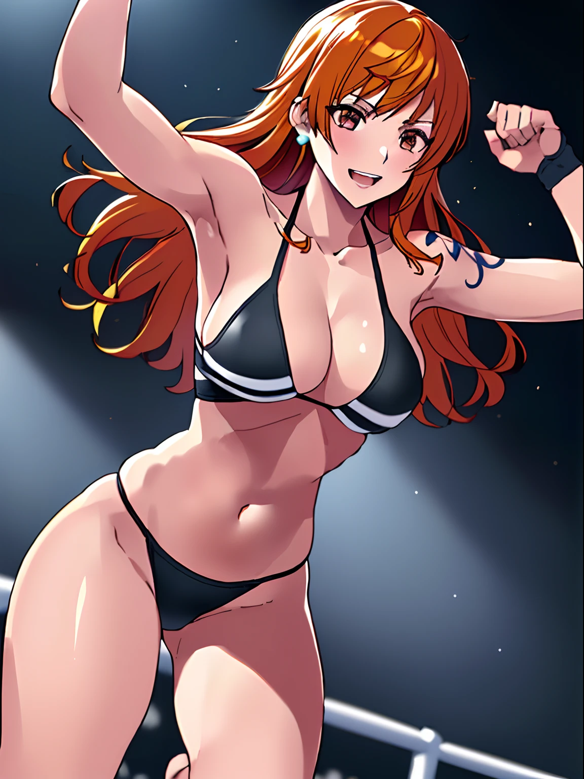 detailed background, (wrestling stage, jumping down, wrestling ring, turnbuckles, spectators, watchers, fans), masterpiece, 2k, center on face, body slam attack, best quality, 1girl, solo, nami \(one piece\), 1girl, hands out of frame, (detailed arms, strong arms, defined athlete body, stomach, left armband, kneepad, straightened arms, thighs, seductive, plain black wrestling bikini, open mouth), bangs, bare shoulders, blue sky, medium breasts, sharp eyes, brown eyes, , cleavage, day, earrings, floating hair, groin, large breasts, long hair, looking at viewer, orange hair, shoulder tattoo sky, smile, solo, stomach, tattoo