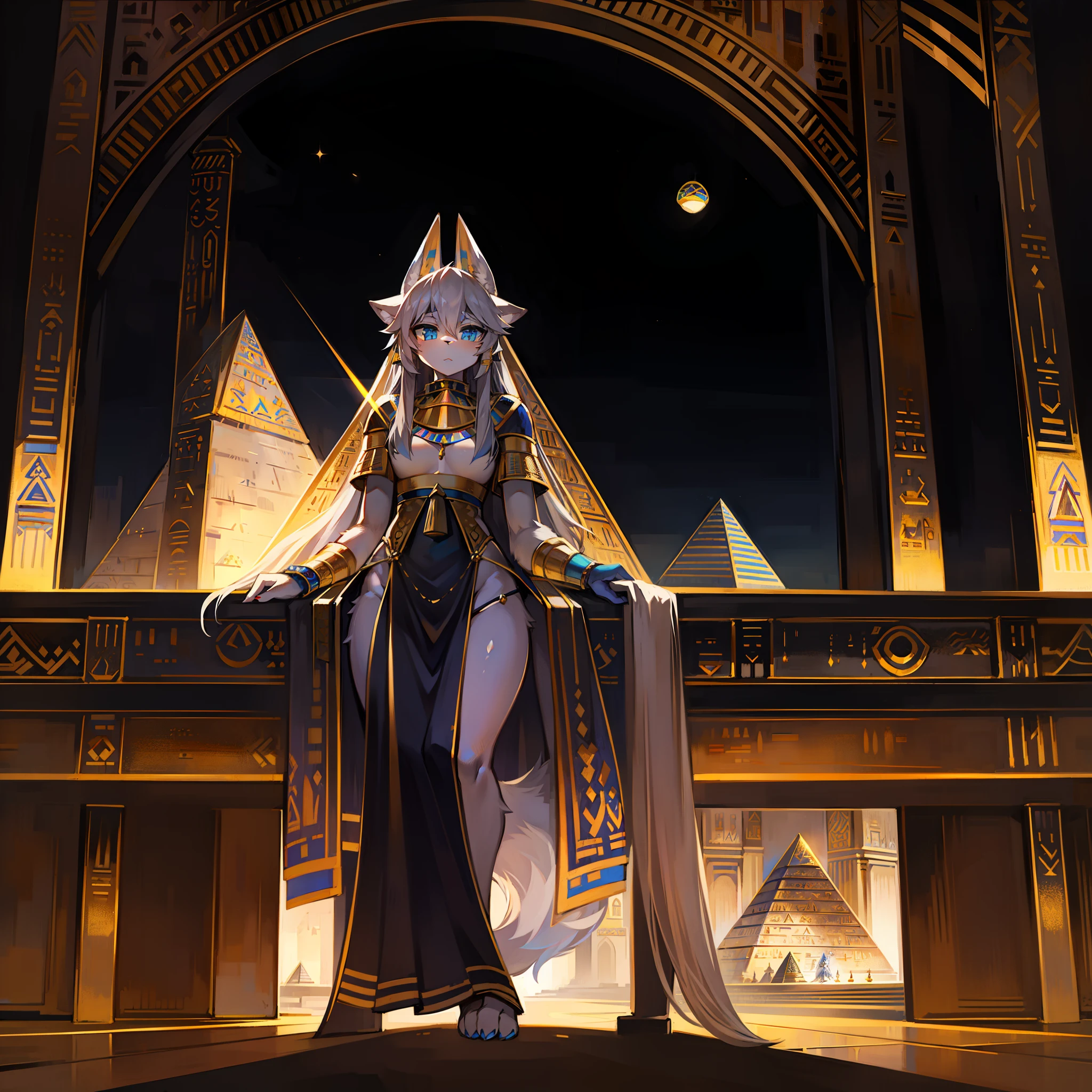 evening light，Big-tailed wolf，pyramid，Egyptian dress-up，long whitr hair，blue color eyes，Gray hair，