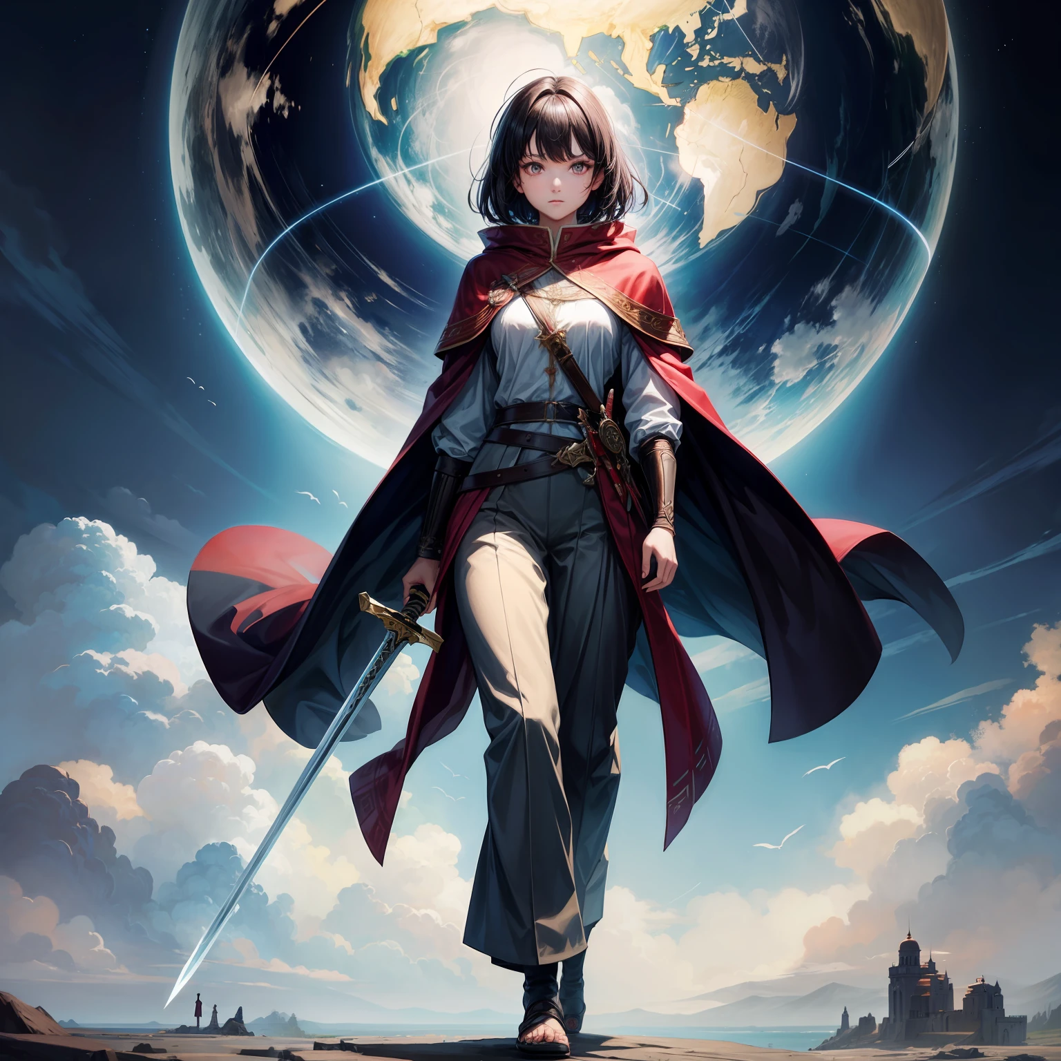 Female braves、a beauty girl、A dark-haired、Shorthair、Travel clothes、hair adornments、cloaks、globe、long trousers、is standing、full body seen、Looking at the camera、Holding a one-handed sword、Low exposure