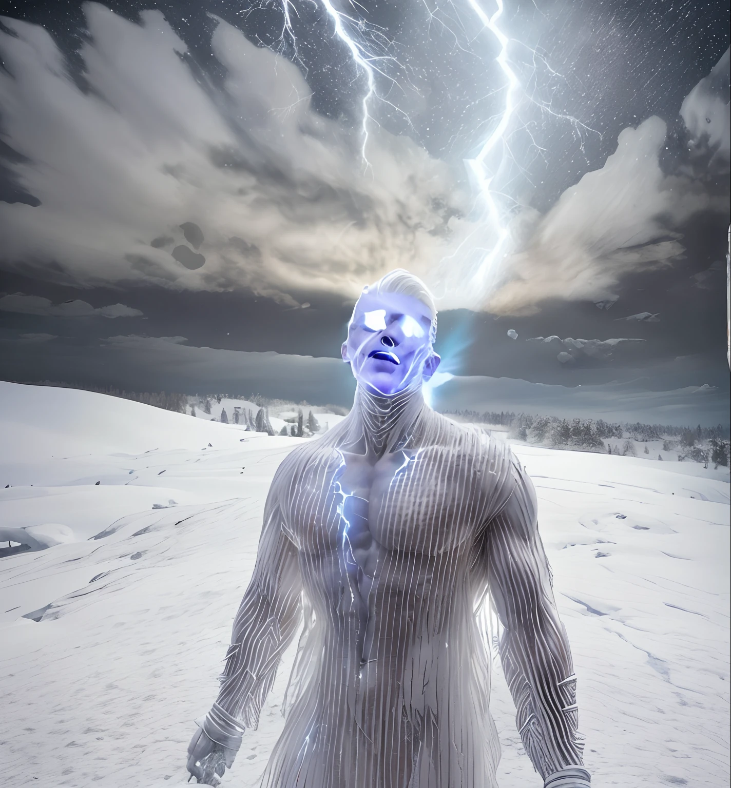 white humanoid made of rock, upper body, barechested, male, ((masterpiece, best quality)), cracked skin, white electricity coming through cracks, muscular male, (dragonborn:0.6), white hair outdoors, detailed background, winter, snowy depth of field