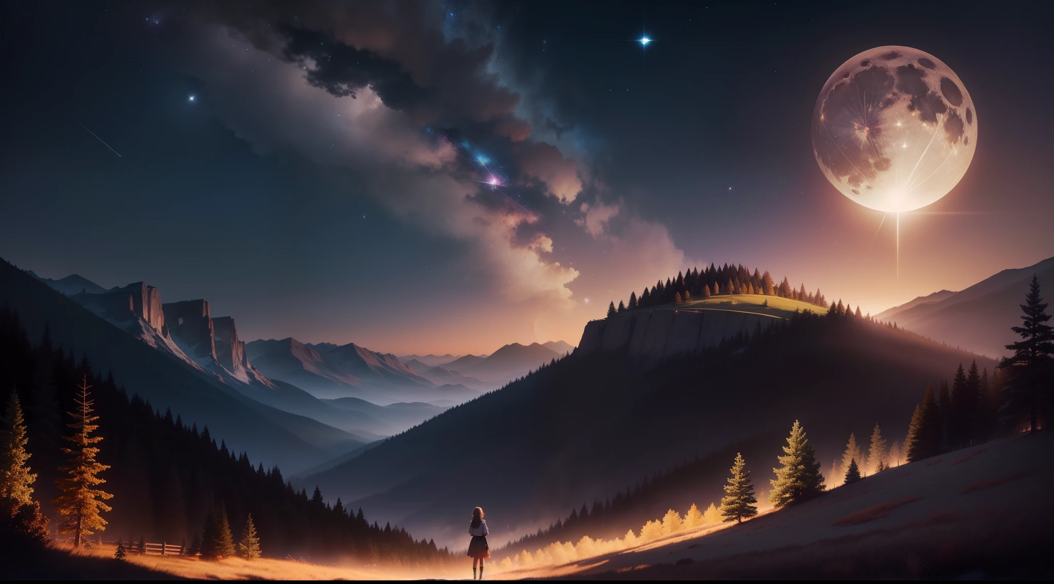 Expansive landscape photograph, (view from below with a view of the sky and the wilderness below),  girl standing in a flower field looking up, (full moon: 1.2), (shooting star: 0.9), (nebula: 1.3), distant mountain, tree break production art, (warm light source: 1.2), (firefly: 1.2), lamp, purple and orange, intricate detail, volume lighting BREAK (masterpiece: 1.2), (highest quality ), 4k, ultra-detailed, (dynamic configuration: 1.4), highly detailed and colorful details (iridescent: 1.2), (sparkling lighting, atmospheric lighting), dreamy, magical, (solo: 1.2)