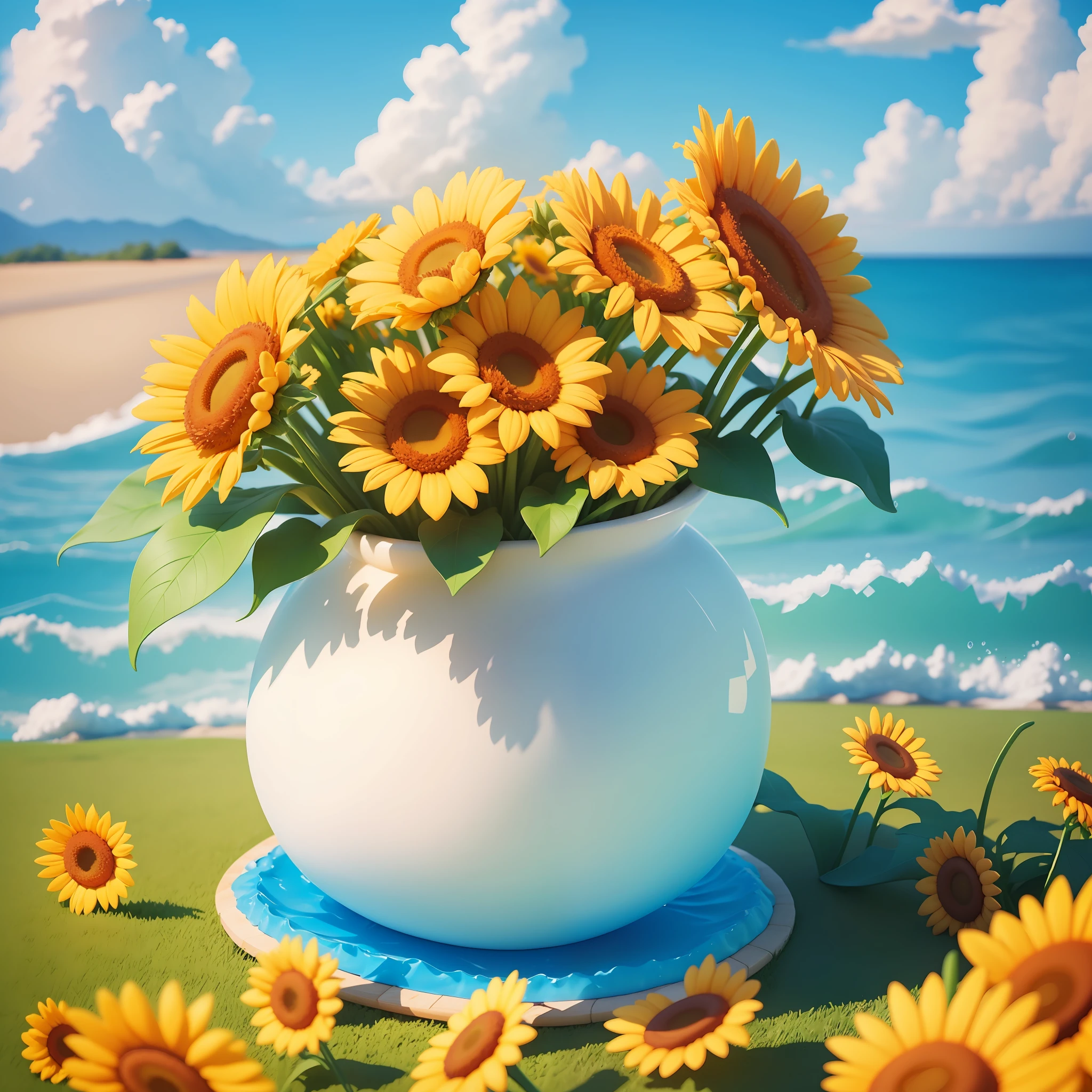 Summer clouds, sun flowers, sunny weather,sky, sunny, colorful, happy and happy summer vacation, simple picture, close-up, brilliant sunshine, distant waves, visual impact, 3D DreamWorks style,