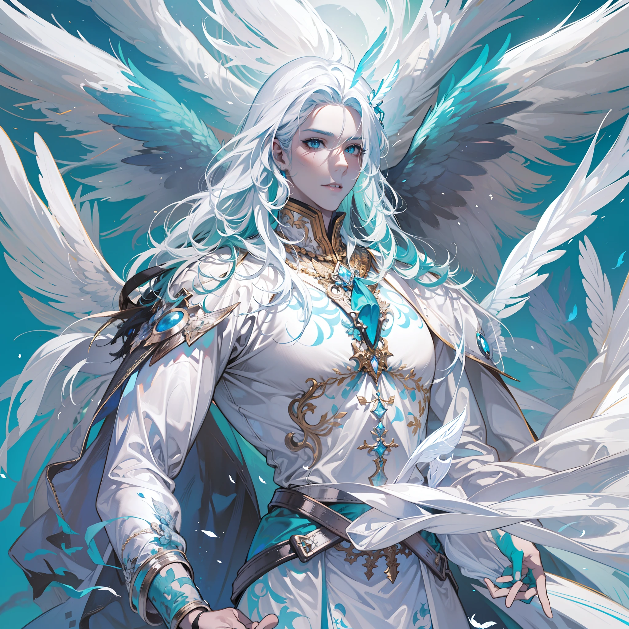 Blue pupils+Men with long white hair+Muscular males+strong+Single protagonist+angelicales+Armed with two swords+Whitening skin+holy+A masterpiece of the best quality+Feathers falling+Luxurious costumes in turquoise blue, white and black,Delicate face,Extremely gorgeous,Wings of an angel,White with turquoise background