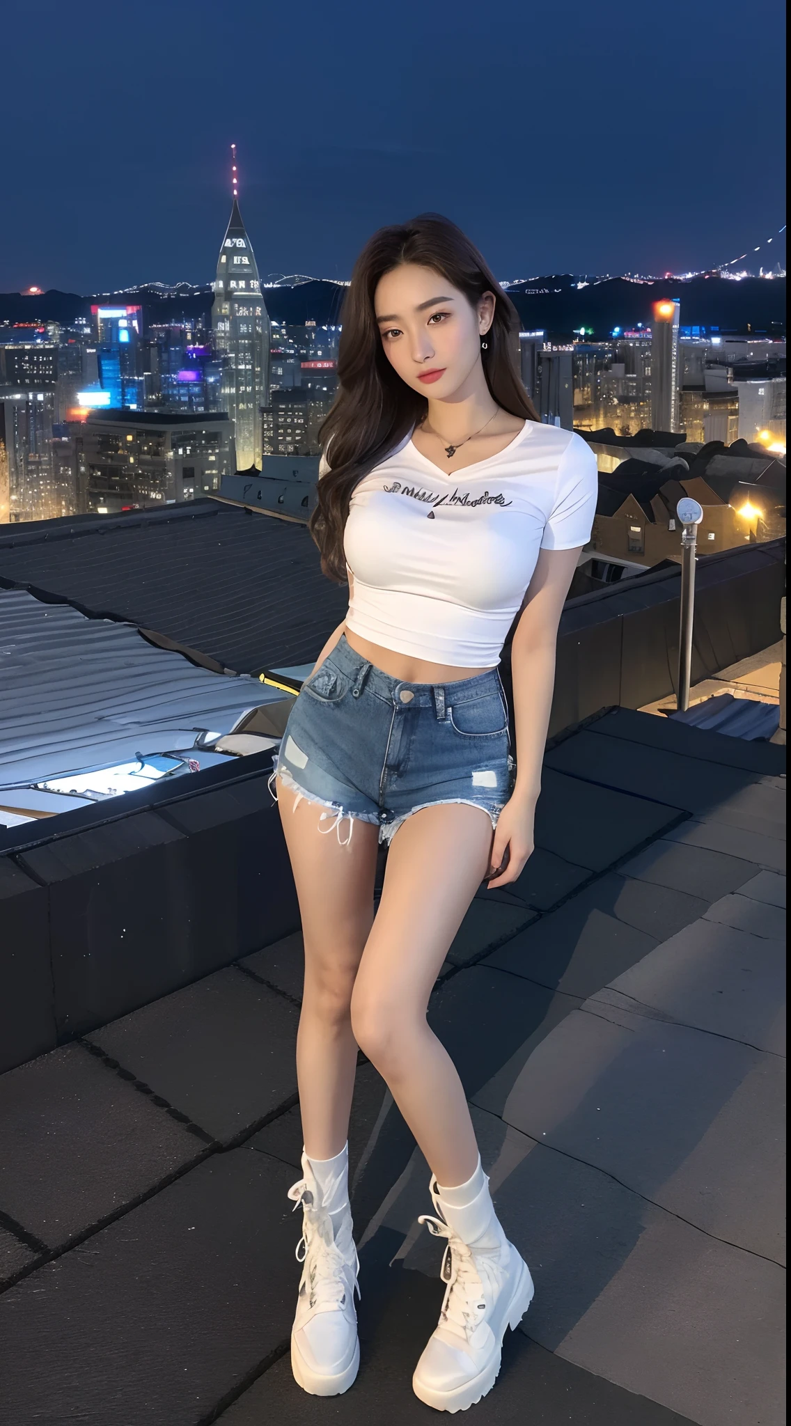 ((midynight, Need, 8k, tmasterpiece:1.3)), full bodyesbian, Long legs, Focalors:1.2, perfect figure beautiful woman:1.4, Slim abs:1.1, ((Dark brown hair, huge tit:1.2 )), (white tight t-shirt, Denim super shorts, Long legs,Sexy texture,close-up on legs,standing on your feet:1.2), ((city night scene, the roof:1.3)), Highly detailed facial and skin texture, A detailed eye, 二重まぶた,