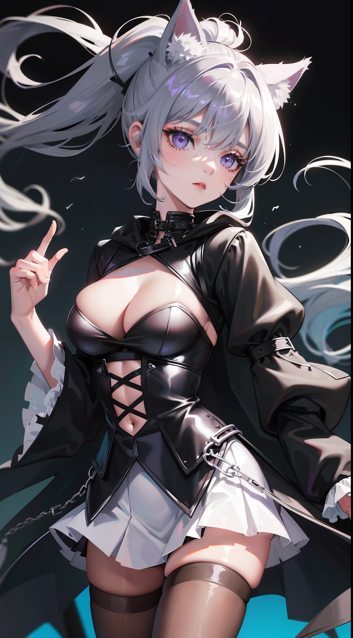 young girl, short gray hair, cat ears, high ponytail, violet eyes, Black leather tight top, white puffy sleeves, black skirt, pantyhouse, turquoise cloak, open breasts, Masterpiece, hiquality