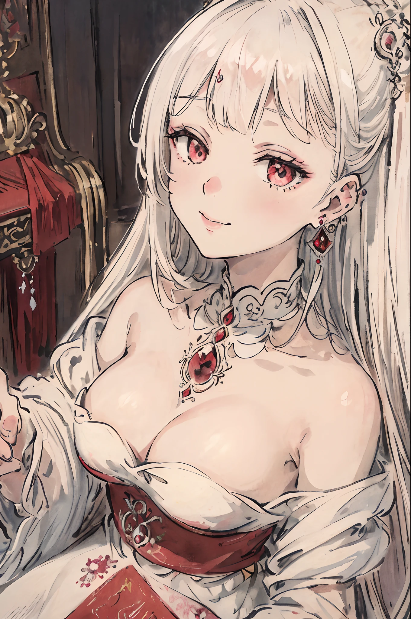 masterpiece, best quality, an extremely delicate and beautiful girl,an extremely delicate and beautiful, world masterpiece theater, ultra-detailed, highly detailed, best quality, white hair, highres, extremely detailed,1 girl, best quality, illustration, looking at viewer, impasto, canvas, oil painting, realistic, realist ,real, crimson eyes, Gothic , Holding a ruby earring, a gentle smile