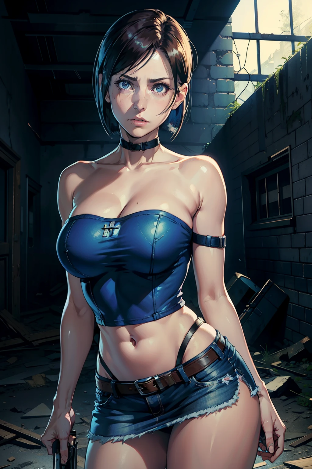 ((Jill Valentine)), frown, masterpiece, best quality,detailed eyes, large breasts, serious expression, short hairstyle, prefect face, Cross arms over chest,tube top, off shoulder, strapless, Low-waisted denim skirt, weskitbody,In an abandoned castle, With a shotgun,