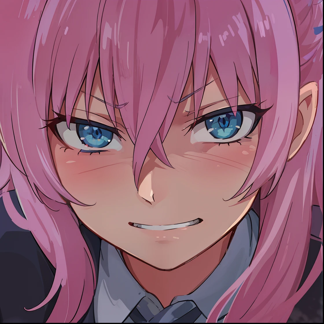 A girl. blue eyes. Evil grin. rose hair. coat