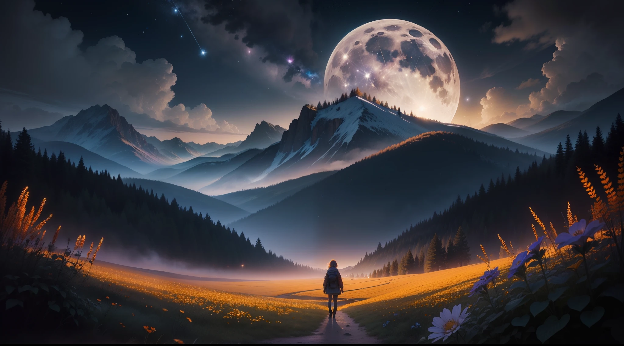 Expansive landscape photograph, (view from below with a view of the sky and the wilderness below), little girl standing in a flower field looking up, (full moon: 1.2), (shooting star: 0.9), (nebula: 1.3), distant mountain, tree break production art, (warm light source: 1.2), (firefly: 1.2), lamp, purple and orange, intricate detail, volume lighting BREAK (masterpiece: 1.2), (highest quality ), 4k, ultra-detailed, (dynamic configuration: 1.4), highly detailed and colorful details (iridescent: 1.2), (sparkling lighting, atmospheric lighting), dreamy, magical, (solo: 1.2)