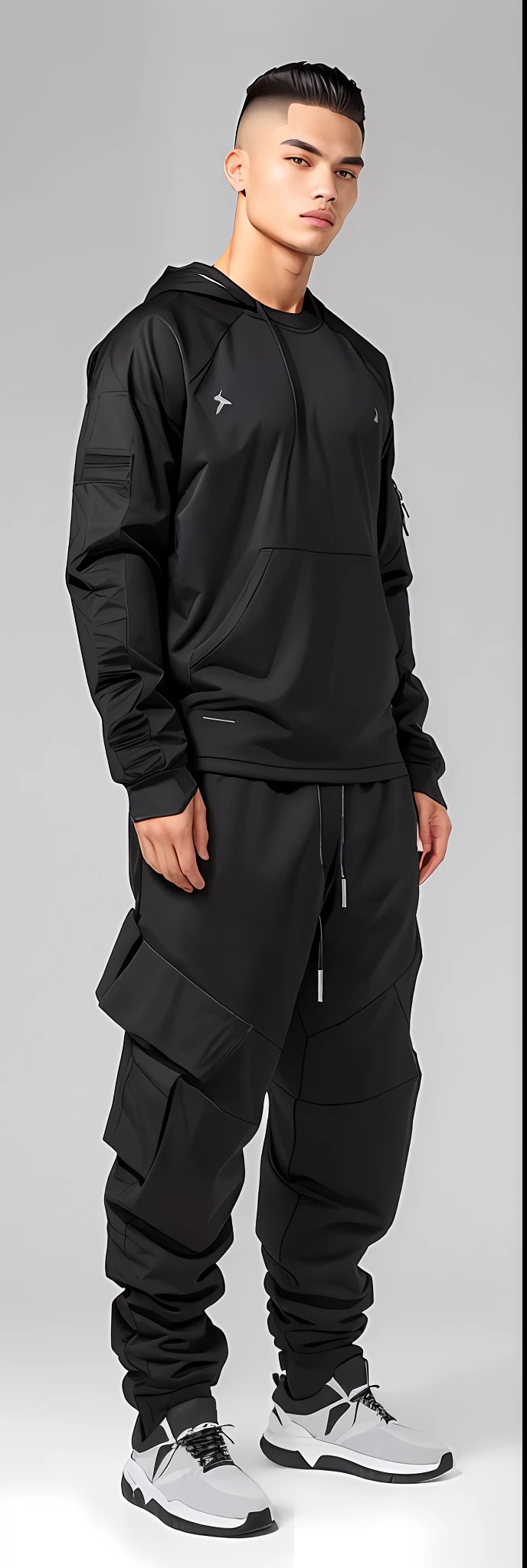 A man in black sweatpants and sneakers stands in front of a gray background, Acronym P31-DS Pants, roupas Techwear, Techwear, trending on r/techwearclothing, com dois bolsos frontais, Techwear moda, Futuro Techwear, Techwear Look e Roupas, wearing japanese techwear, acronym, vestindo roupas espaciais