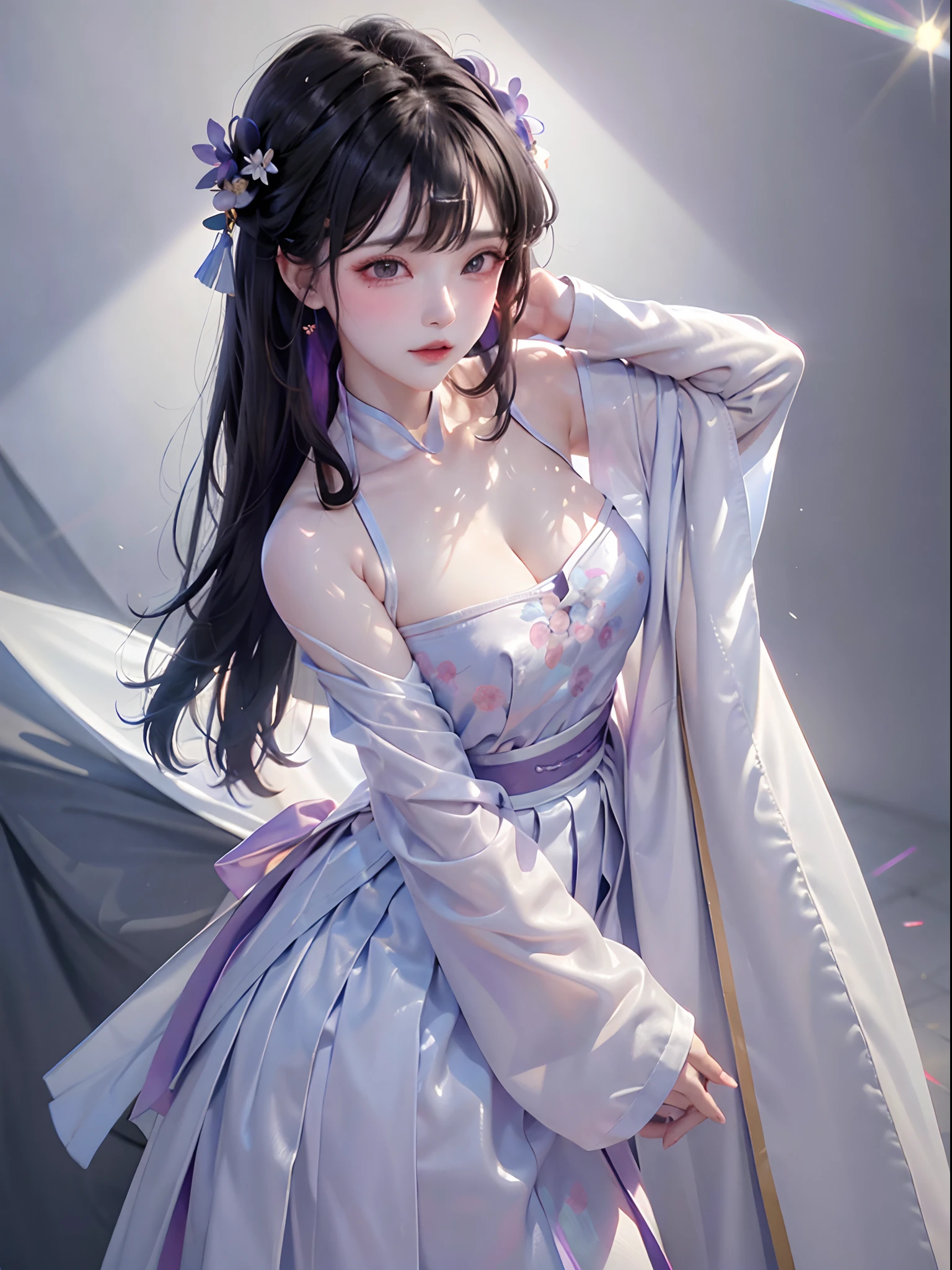 masterpiece, black_hair, 1 girl, looking at the audience, long_hair, nail_polish, solo, ancient art, Chinese,(8k, best quality, masterpiece:1.2), (realistic, realistic:1.2), (background sky: 1.2), (face close-up: 1.7), looking at the audience, hanfu, 1girl, (purple flower pine ink: 1.1), face close-up, detailed face, hanfu, song, long shan, pleated skirt，cinematic lighting, motion blur, ray tracing, god rays, bloom, drop shadow, close-up, lens flare, UHD, masterpiece, ccurate, anatomically correct, textured skin, super detail, high details, high quality, award winning, best quality, highres, 16k, HD, face close-up, close-up, close-up, accurate, correct hand, (anatomically correct: 1.5),