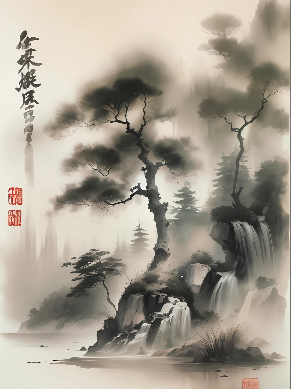 ink and watercolor painting,Draw on rice paper,Use thick and light ink to create light and dark variations and layers,Pick the right ink color,Such as deep black、Thick gray、Light coffee, etc,to express different situations and atmospheres,Control the gradient and transition of ink color by the humidity and consistency of the ink,mont,Eau,the trees,Lake surface,Small broken boat,Bleak, Desolate, Solitude,Black and white tones,dead tree, Traditional Chinese Ink Painting, Traditional Chinese art, author:Guo Xi, author:Ma Yuanyu, Traditional Chinese painting, author:Xu Xi, author:Luo Mu, author:Yang Buzhi, author:Li Kelan, author:Gu An, Ink painting ) ) ) ), Chinese ink painting, Chinese painting style