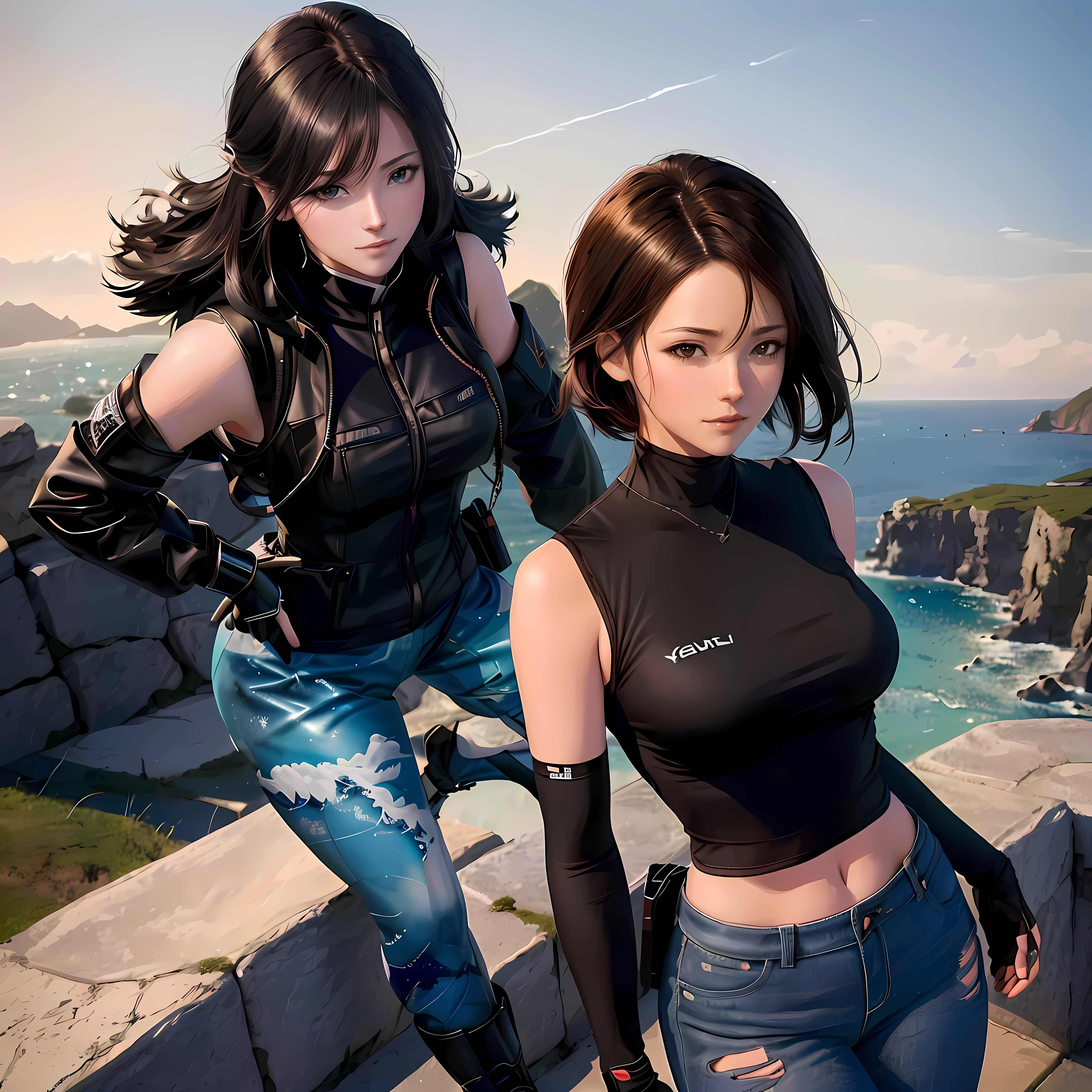 Anime characters posing on ledges，Sea view, ff Tifa, Tifa Lockhart, tifa lockheart, Charming Tifa Lockheart, tifa lockhart portrait, Mobius and Aionon flux, Range Murata and Artgerm, portrait of tifa lockhart, ayami kojima and lyde caldwell, style is a blend of æon flux