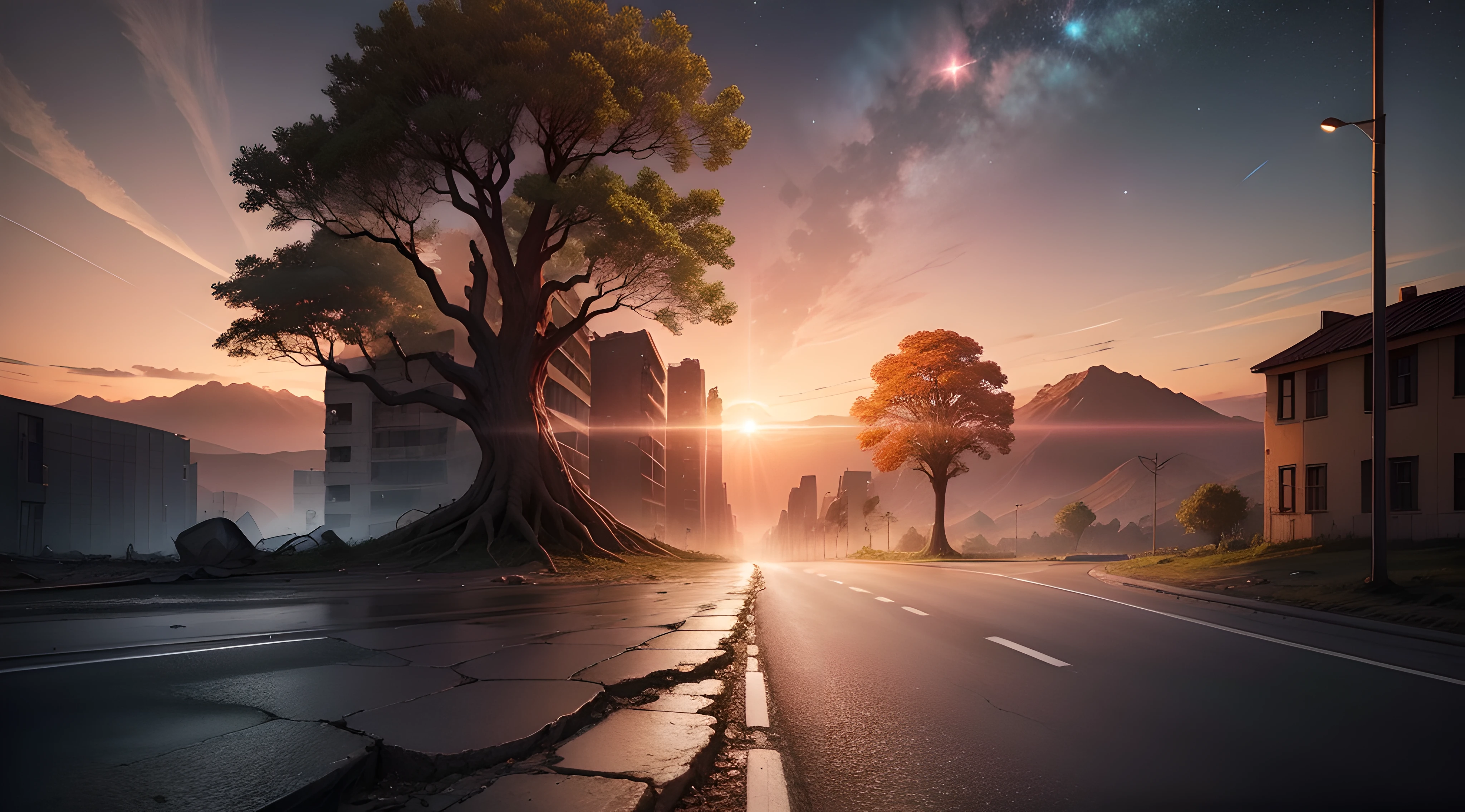 1000 years after civilization collapsed. A new tree of life from God was given to man. It grew through the pavement of a wide road. Cracks, rocks, and rubble can be seen on the road. Sunset. Stars. Moon. Orange, Blue, and Pink Sky. No humans. Sci-fi. Apocalypse.