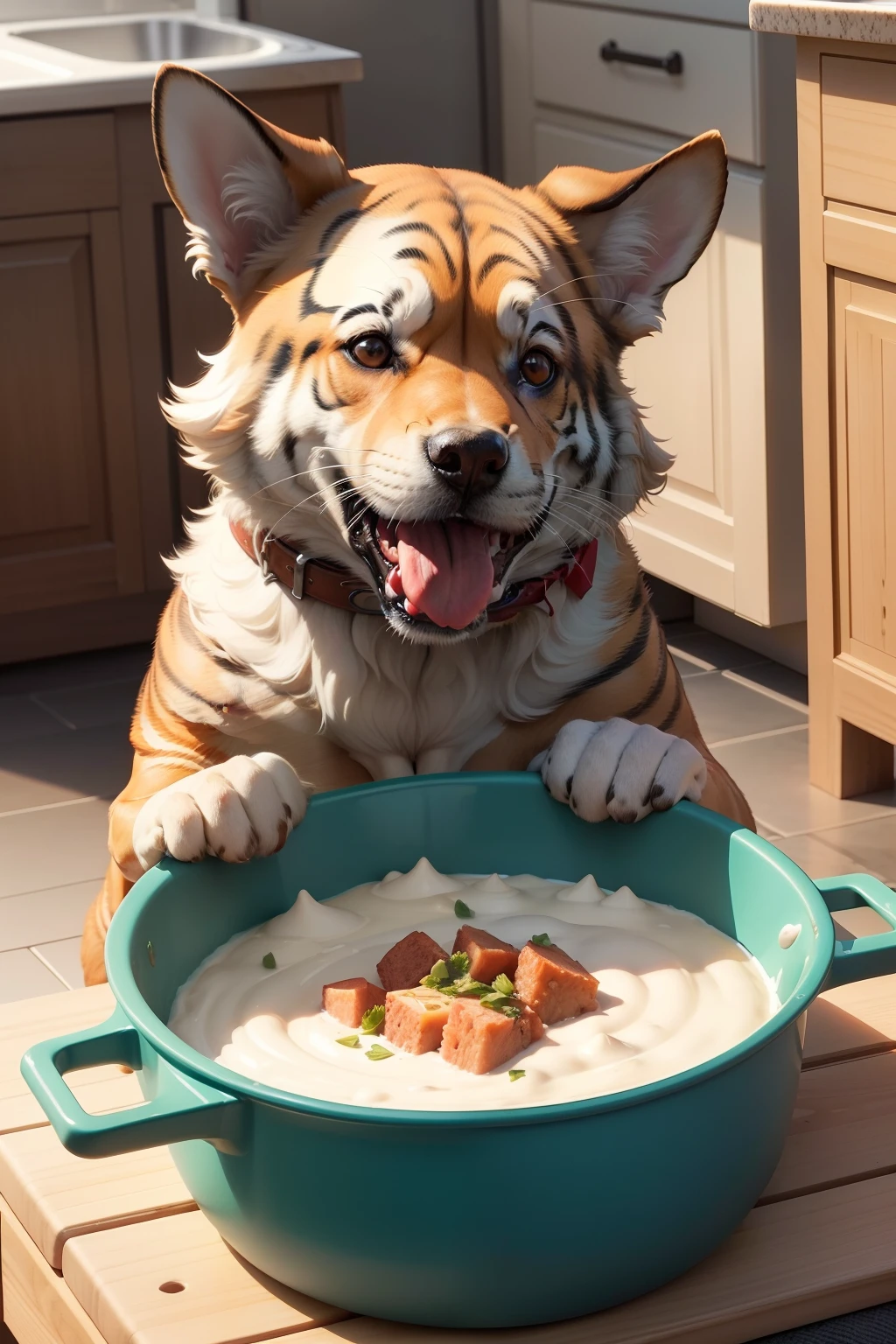 Imagina um cachorrinho alegre, com sua cauda abanando e um sorriso animado no foco. It is positioned right in front of a round pot, parecido com uma tigela, that contains your favorite food, Feed call. The pot is made of a sturdy material and has a slightly raised edge around it, so that the food does not fall out. The food has a delicious smell that the dog loves. He's so excited that his ears are standing up., e ele parece estar pulando levemente de alegria. The dog is moving back and forth a little, demonstrando sua escola. Your tongue is sticking out of your mouth a little bit, looking forward to savoring the meal. The dog's fur is shiny and you can see some spots of color on it. He's ready to start eating his ration and enjoy every bit.