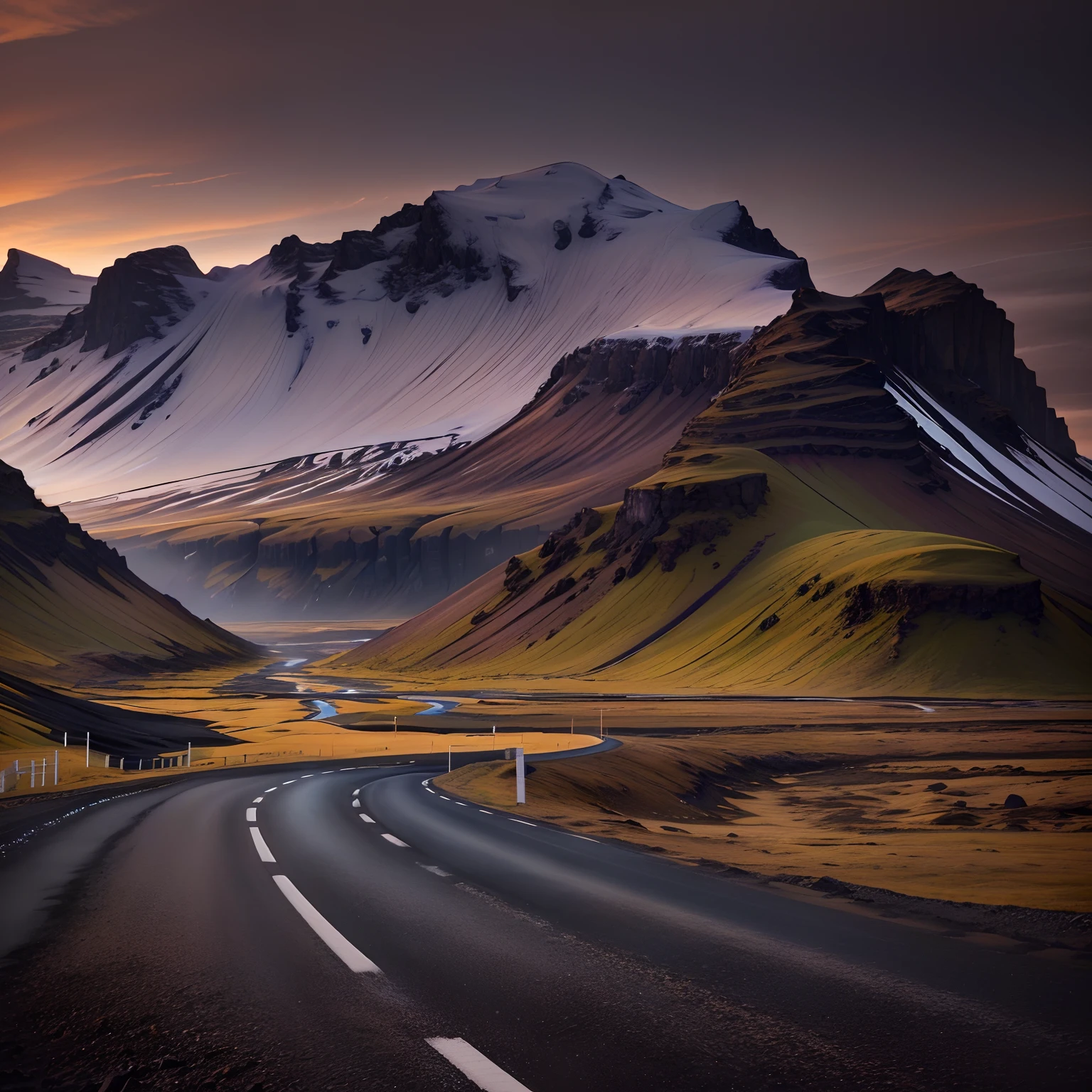 There is a road through the mountains,There is a body of water, iceland hills in the background, iceland landscape, iceland landscape, an icelandic landscape, road between hills, iceland landscape photography, iceland photography, sci-fi of iceland landscape, icelandic valley, tall mountains in the horizon, accurate roads, Road, eftir Hallsteinn Sigurðsson