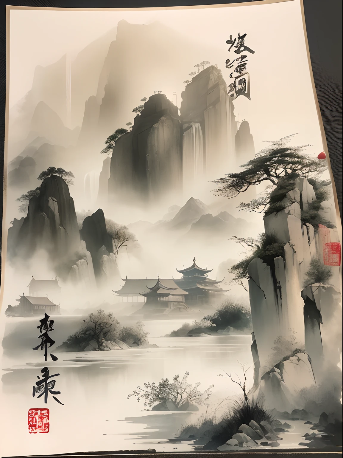 ink and watercolor painting，Draw on rice paper，Use thick and light ink to create light and dark variations and layers，Pick the right ink color，Such as deep black、Thick gray、Light coffee, etc，to express different situations and atmospheres，Control the gradient and transition of ink color by the humidity and consistency of the ink，mont，Eau，the trees，Lake surface，Small broken boat，Bleak, Desolate, Solitude，Black and white tones，dead tree， Traditional Chinese Ink Painting, Traditional Chinese art, author：Guo Xi, author：Ma Yuanyu, Traditional Chinese painting, author：Xu Xi, author：Luo Mu, author：Yang Buzhi, author：Li Kelan, author：Gu An, Ink painting ) ) ) ), Chinese ink painting, Chinese painting style