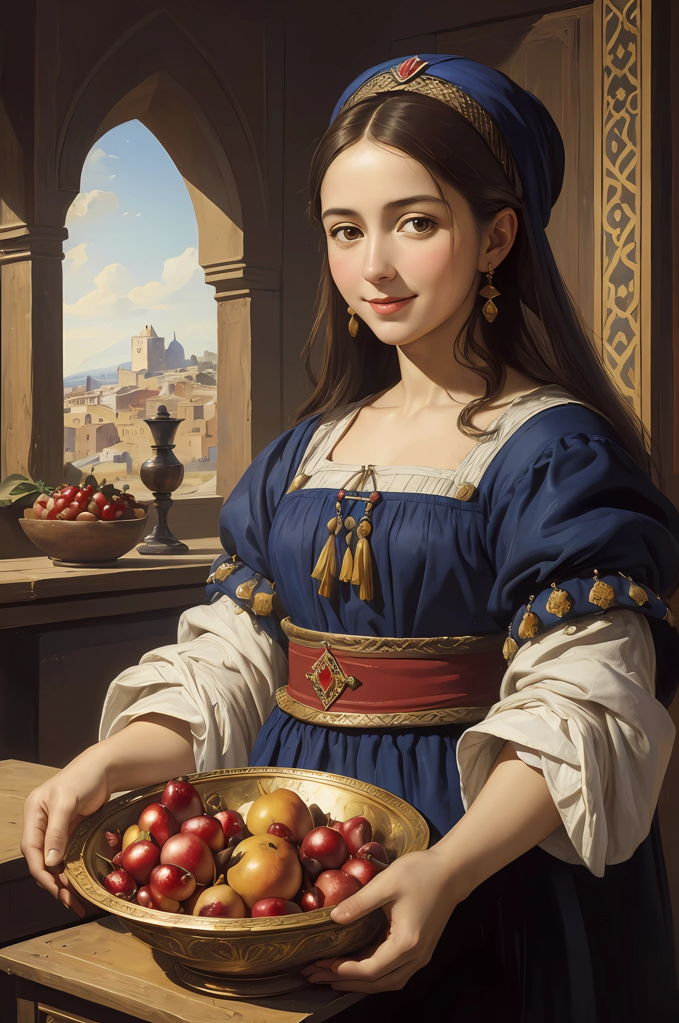 ((beste-Qualit)), ((oil painted)), (Young peasant woman, appearance: Italian:0,5/Moroccan:0,5), with a ripe pomegranate fruit in his hand, Emotional smile, ((tmasterpiece)), ((стильCornelis de Heem)), ((Realistic)),Colorful, Ultra-detailed, Impression:0,5