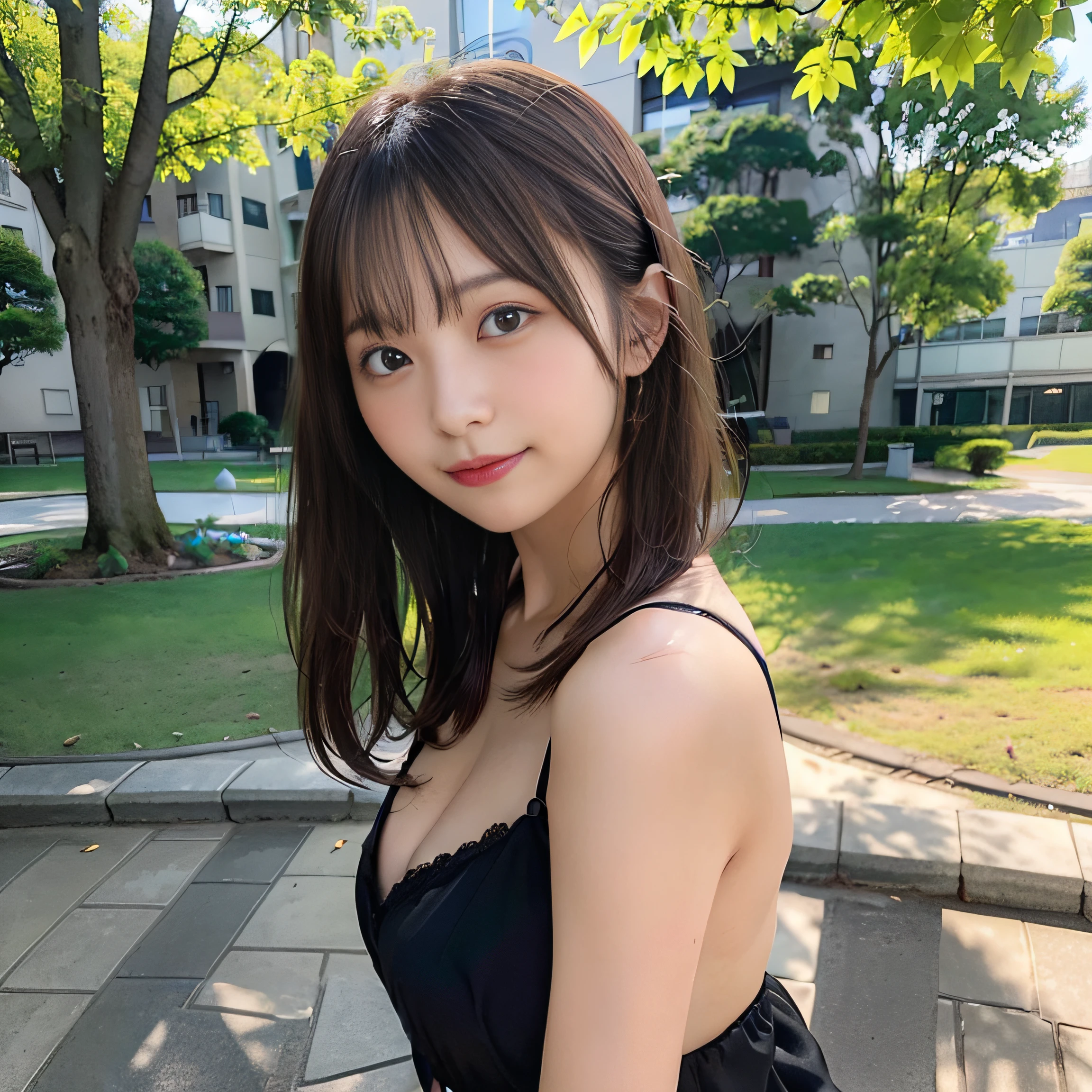 stone pavement、in 8K,Best Quality:1.4, 超A high resolution:1.5, (Photorealistic:1.4),masterpiece:1.2,(top-quality:1.4)、 Raw photo、 (From the knee up:1.4, From Side:0.7), (the background is blurred), a park,FULL BODYSHOT、 1日本人の女の子, Cute, (Solo), (Shy smile), Smooth skin、 (Brown medium hair,Bangs), (touch hair:1.4)、nogizaka、cute little、Supple fingertips,Beautiful black eyes、natural skin textures:1.3, realistic eyes and face details:1.7、middlebreasts、backshots:1.2、the setting sun、Gravure Pose:1.1、Toned buttocks:1.5、Hands behind the head、gazing at viewer