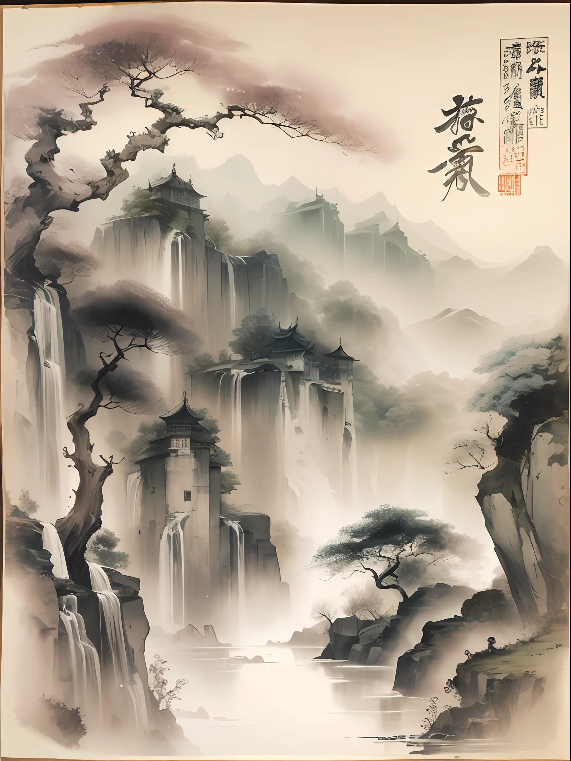 ink and watercolor painting,Draw on rice paper,Use thick and light ink to create light and dark variations and layers,Pick the right ink color,Such as deep black、Thick gray、Light coffee, etc,to express different situations and atmospheres,Control the gradient and transition of ink color by the humidity and consistency of the ink,mont,Eau,the trees,Lake surface,Small broken boat,Bleak, Desolate, Solitude,Black and white tones,dead tree, Traditional Chinese Ink Painting, Traditional Chinese art, author:Guo Xi, author:Ma Yuanyu, Traditional Chinese painting, author:Xu Xi, author:Luo Mu, author:Yang Buzhi, author:Li Kelan, author:Gu An, Ink painting ) ) ) ), Chinese ink painting, Chinese painting style