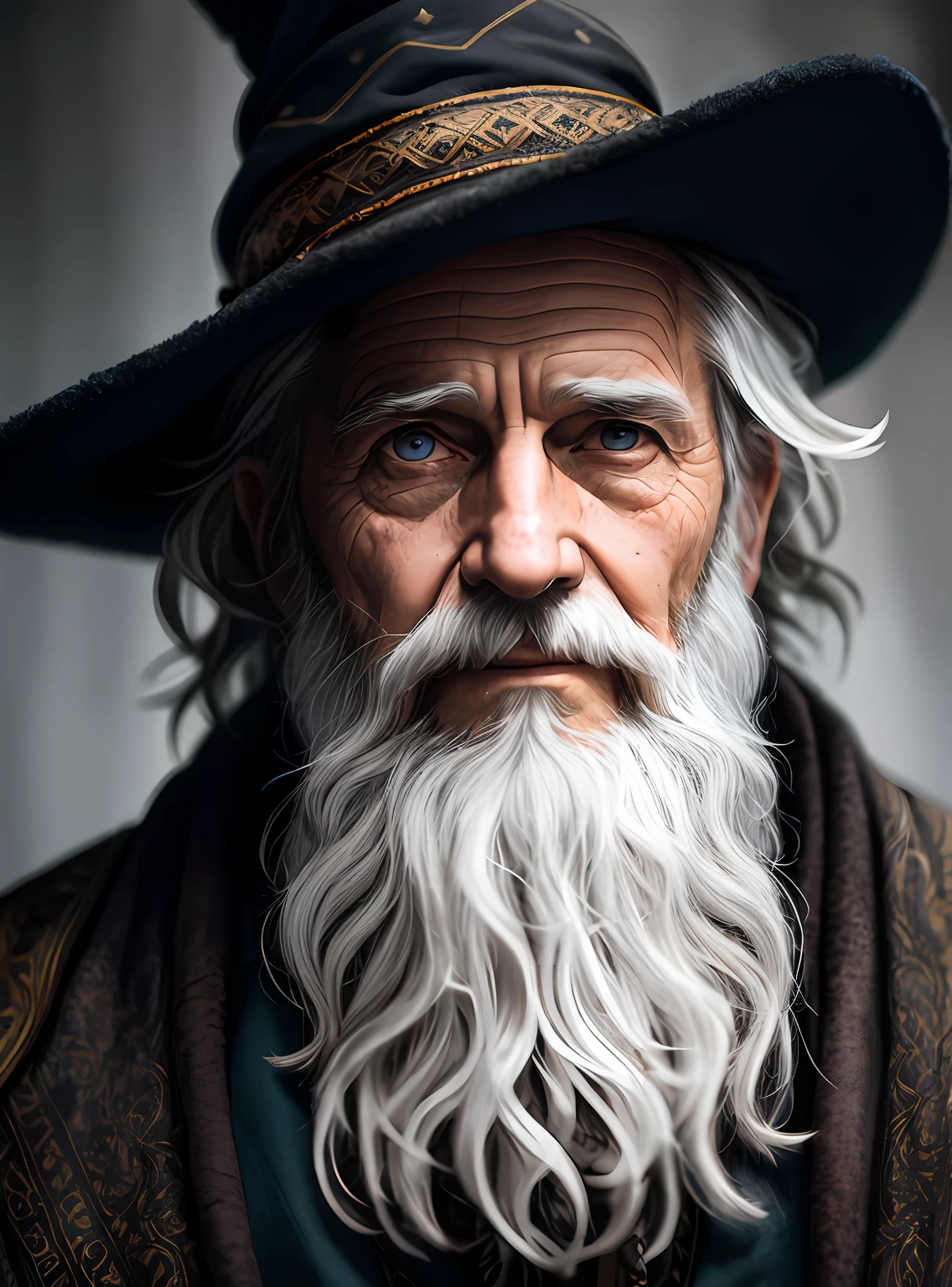 A portrait of a wizard, bearded, wrinkled, weathered, with piercing eyes, detailed face, high details, photography, dark studio, rim light, Nikon D850, 50mm, f/1.4