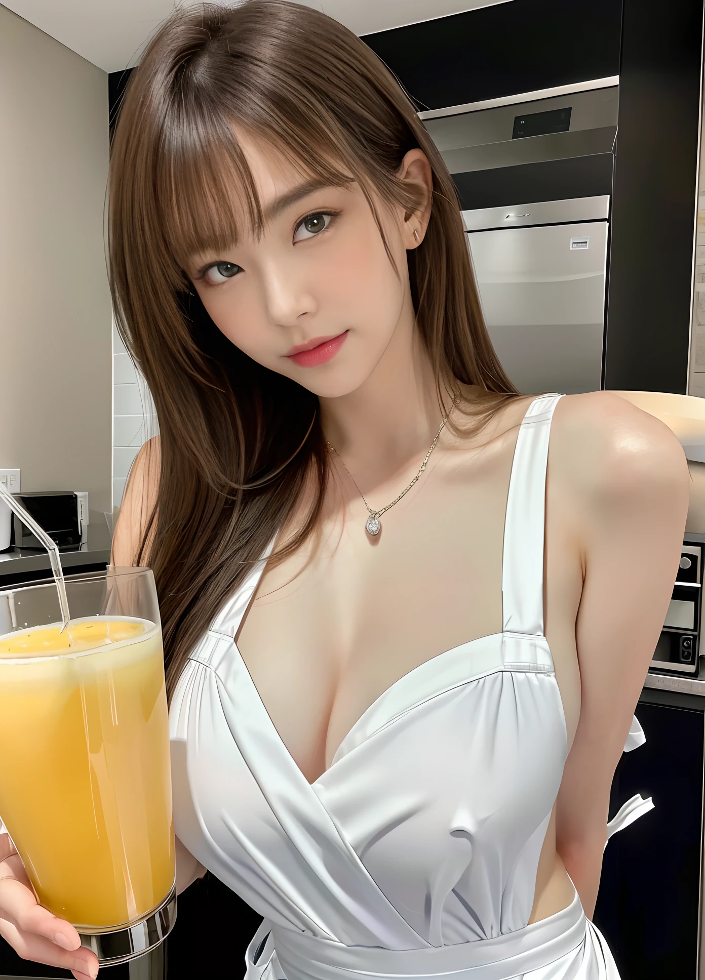 tmasterpiece,best qualtiy,(realisticlying,realisticlying:1.4),(RAW photos:1.2),Very detailed CG unity 8K wallpaper,Very fine and beautiful,Amazing Cleavage,finely detailled,offcial art,absurderes,unbelievable Ridiculous,hugefilesize, ultra - detailed, The is very detailed, Kizi,Glass in hand,Don't look at the lens,Look to the side,The expression is shy(1.4),Bow your head slightly,Not wearing Bra,tit, aprons,The sides of the apron expose the breasts,Bold lower body exposed,Legs are fully open,standing on your feet,Clothing does not cover the body,Undress,Beautifully detailed kitchen,Pour in the juice,