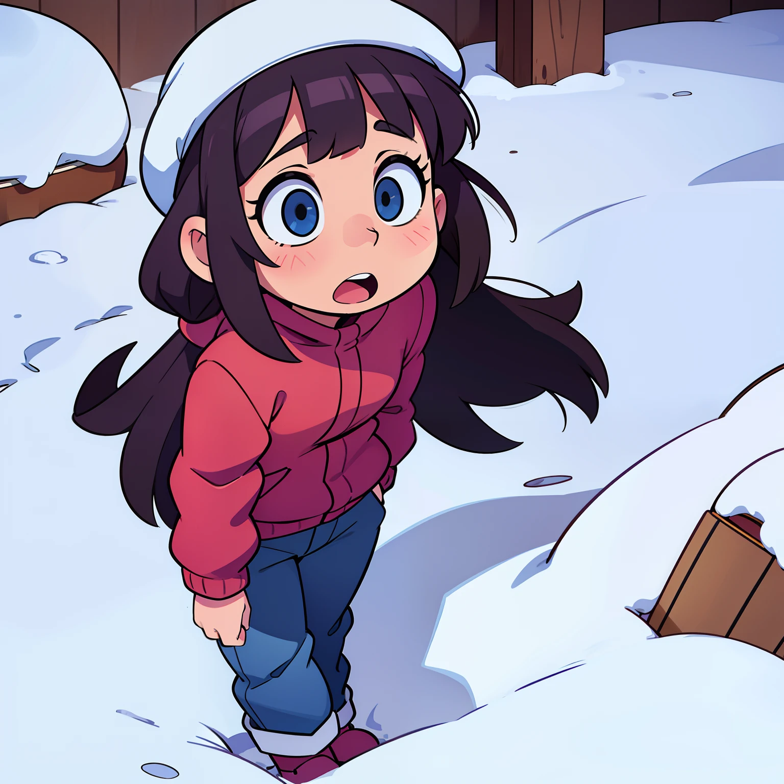  girl buried in the snow, pants pulled down with shocked expression