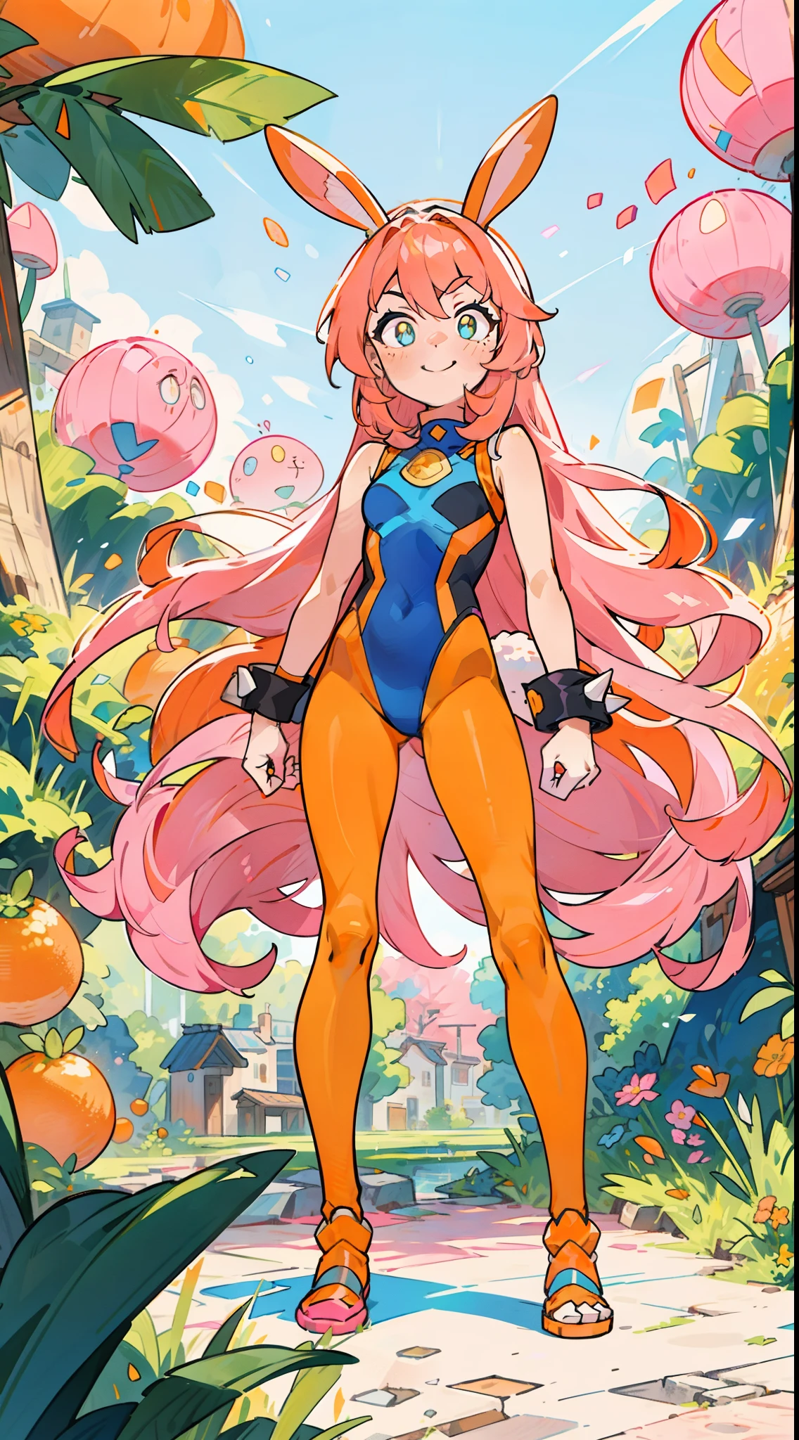 (masterpiece:1.2, best quality), tsuka kendou, 1woman, cute face, determand look, smile, long legs, full body, adult mature female (spiky orange-pink hair, (orange-pink mullet 1.1)), (very long hair), blue eyes, (white/yellow pupil,) hero, sleeveless blue spandex bodysuit, long orange-pink rabbit ears, standing in an oasis background, village