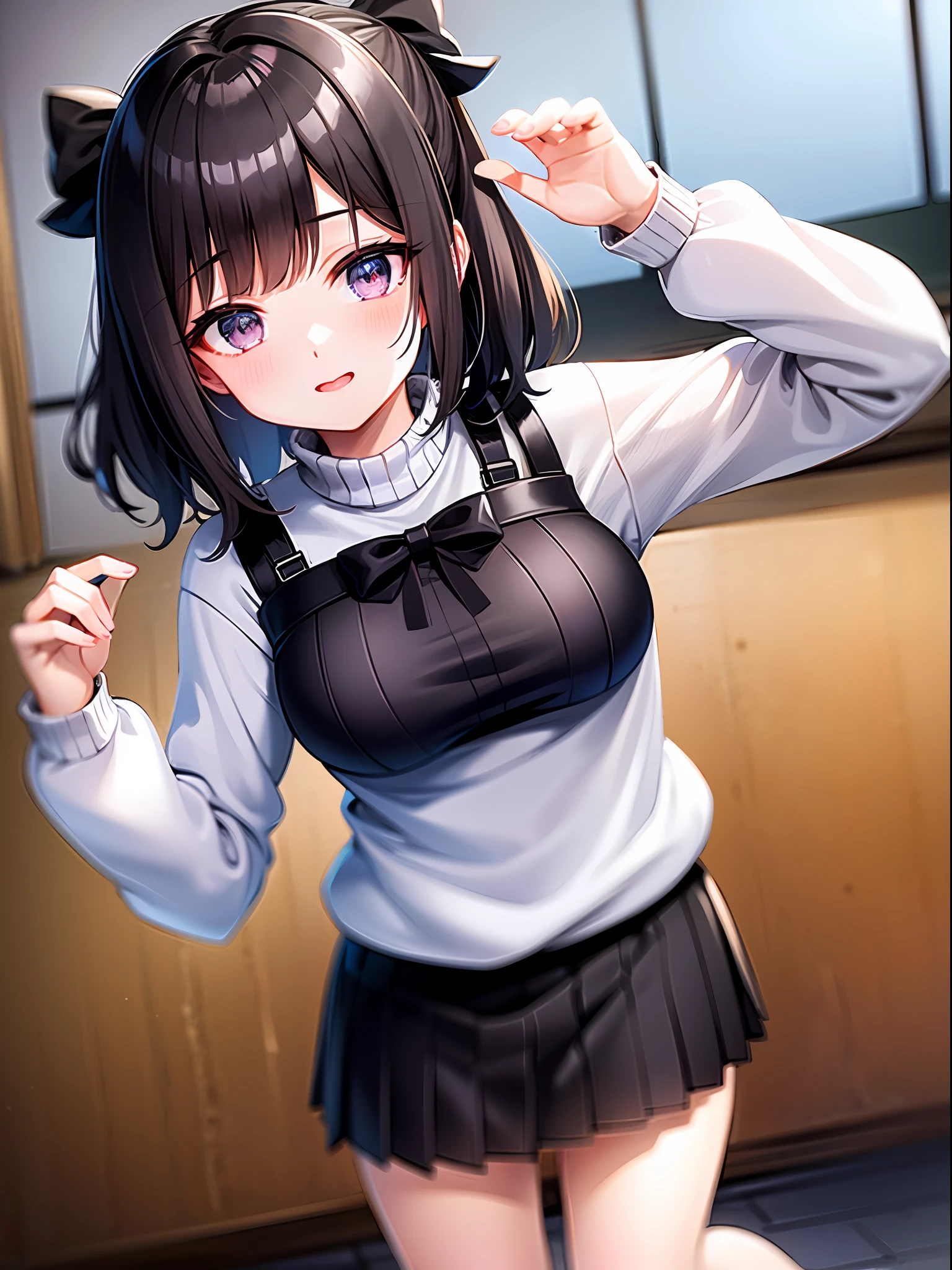 masuter piece、top-quality、Hi-Res、1girll、独奏、jewely、skirt by the、Sweaters、Black skirt、A dark-haired、short-hair、Rib Sweater、sox、turtle necked sweater、turtle neck、White Sox、blue eyess、long-sleeve、pleatedskirt、bow ribbon、bow ribbon、shairband、Hair Ribbon、bangss、Big breasts、White sweater、Sarashina Ruka、ssmile、