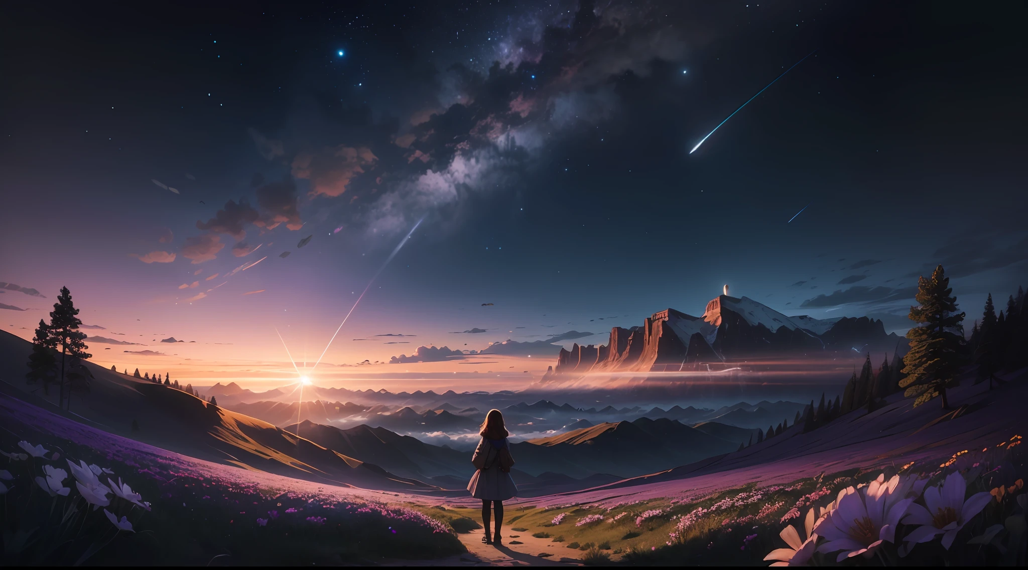 Expansive landscape photograph, (view from below with a view of the sky and the wilderness below), little girl standing in a flower field looking up, (full moon: 1.2), (shooting star: 0.9), (nebula: 1.3), distant mountain, tree break production art, (warm light source: 1.2), (firefly: 1.2), lamp, purple and orange, intricate detail, volume lighting BREAK (masterpiece: 1.2), (highest quality ), 4k, ultra-detailed, (dynamic configuration: 1.4), highly detailed and colorful details (iridescent: 1.2), (sparkling lighting, atmospheric lighting), dreamy, magical, (solo: 1.2)