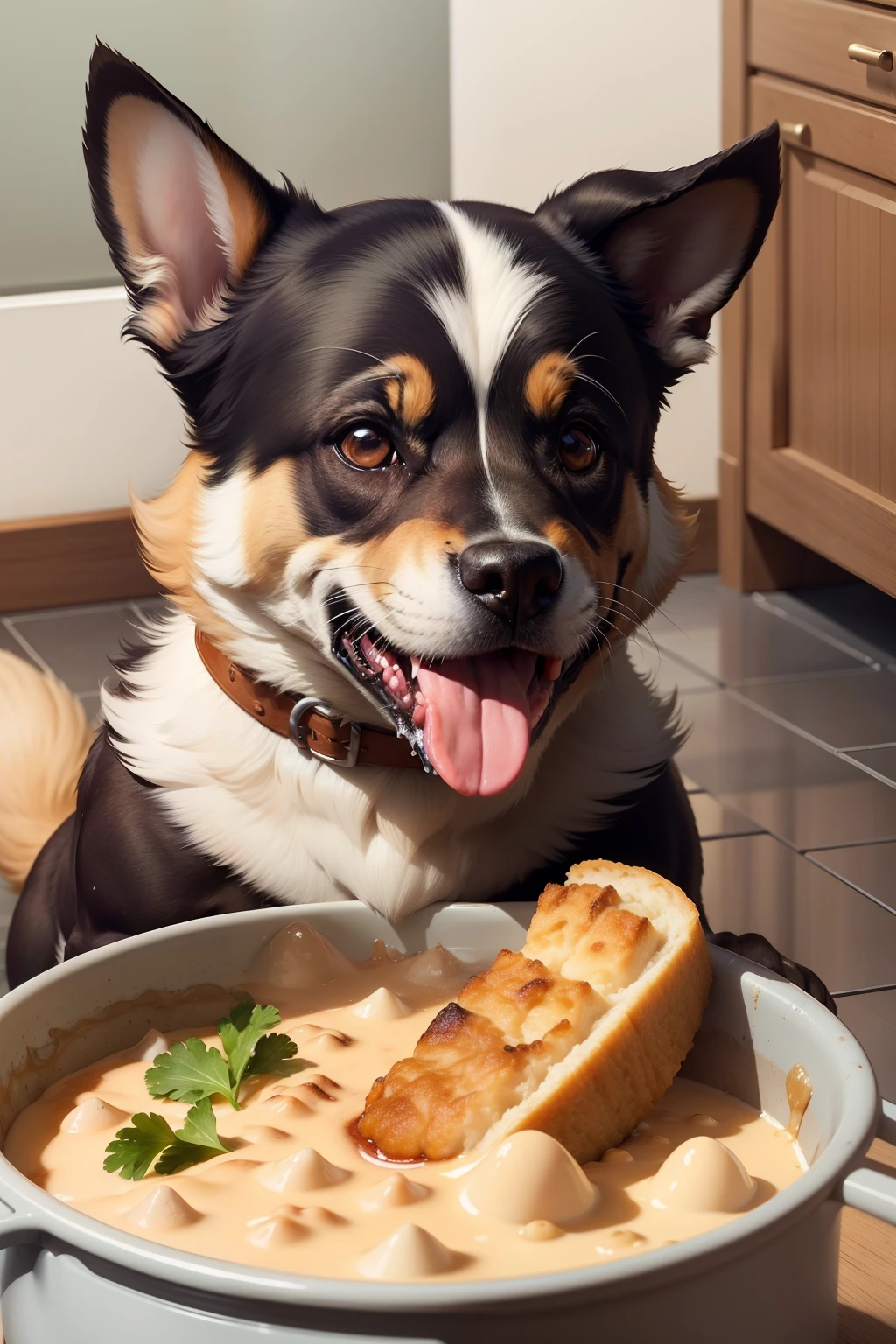 Imagina um cachorrinho alegre, com sua cauda abanando e um sorriso animado no foco. It is positioned right in front of a round pot, parecido com uma tigela, that contains your favorite food, Feed call. The pot is made of a sturdy material and has a slightly raised edge around it, so that the food does not fall out. The food has a delicious smell that the dog loves. He's so excited that his ears are standing up., e ele parece estar pulando levemente de alegria. The dog is moving back and forth a little, demonstrando sua escola. Your tongue is sticking out of your mouth a little bit, looking forward to savoring the meal. The dog's fur is shiny and you can see some spots of color on it. He's ready to start eating his ration and enjoy every bit.
