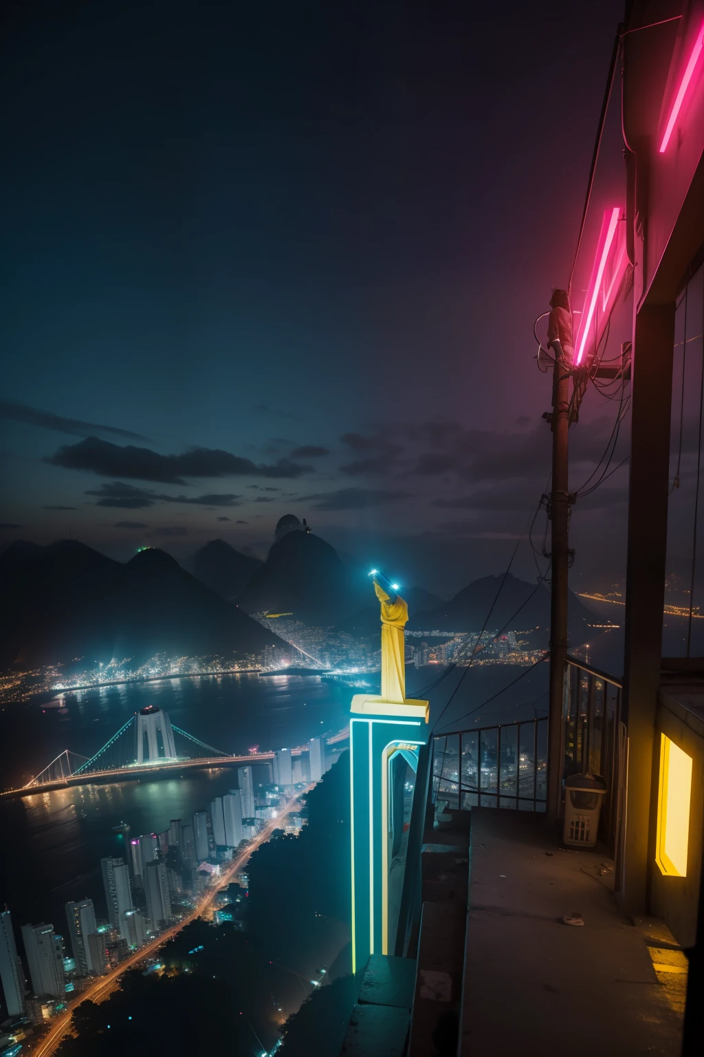 Cena de guerra na favela do Rio de Janeiro perto do Cristo Redentor, imagem futurista, com luzes neon, Estilo cyberpunk, ULTRARREALISTA