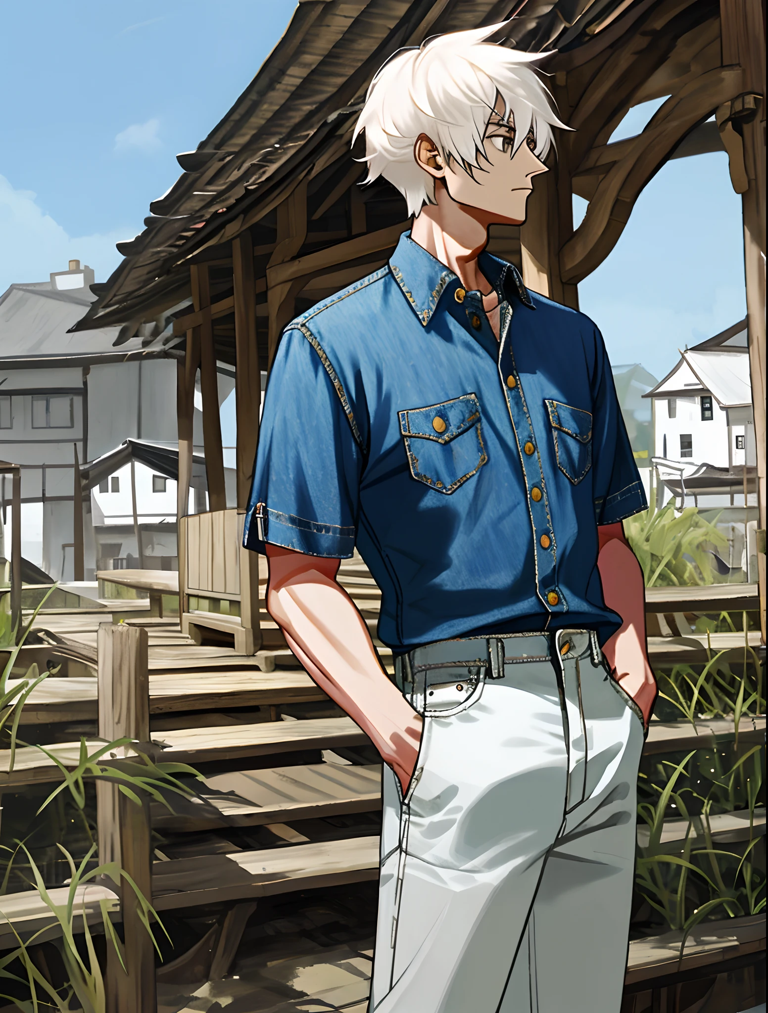 femele,with short white hair,White village shirt,denim pant