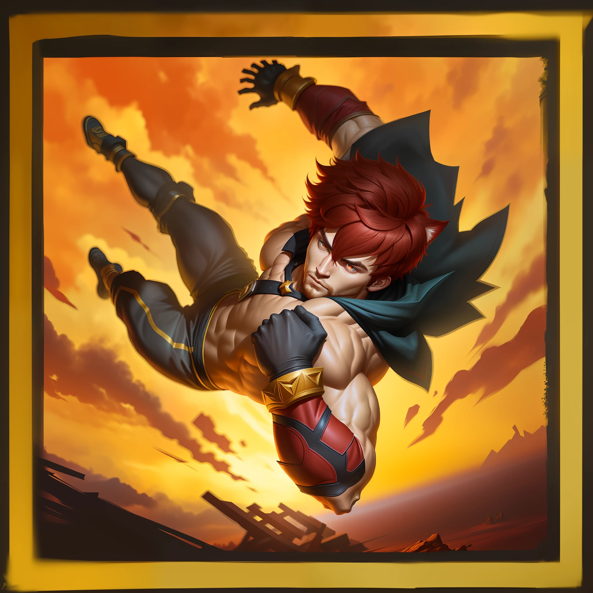 A handsome guy with short red hair full of muscles and cat ears，falling from sky，Slam the ground with your elbow，Create cracks，musculous、Robust man，league of legends style art