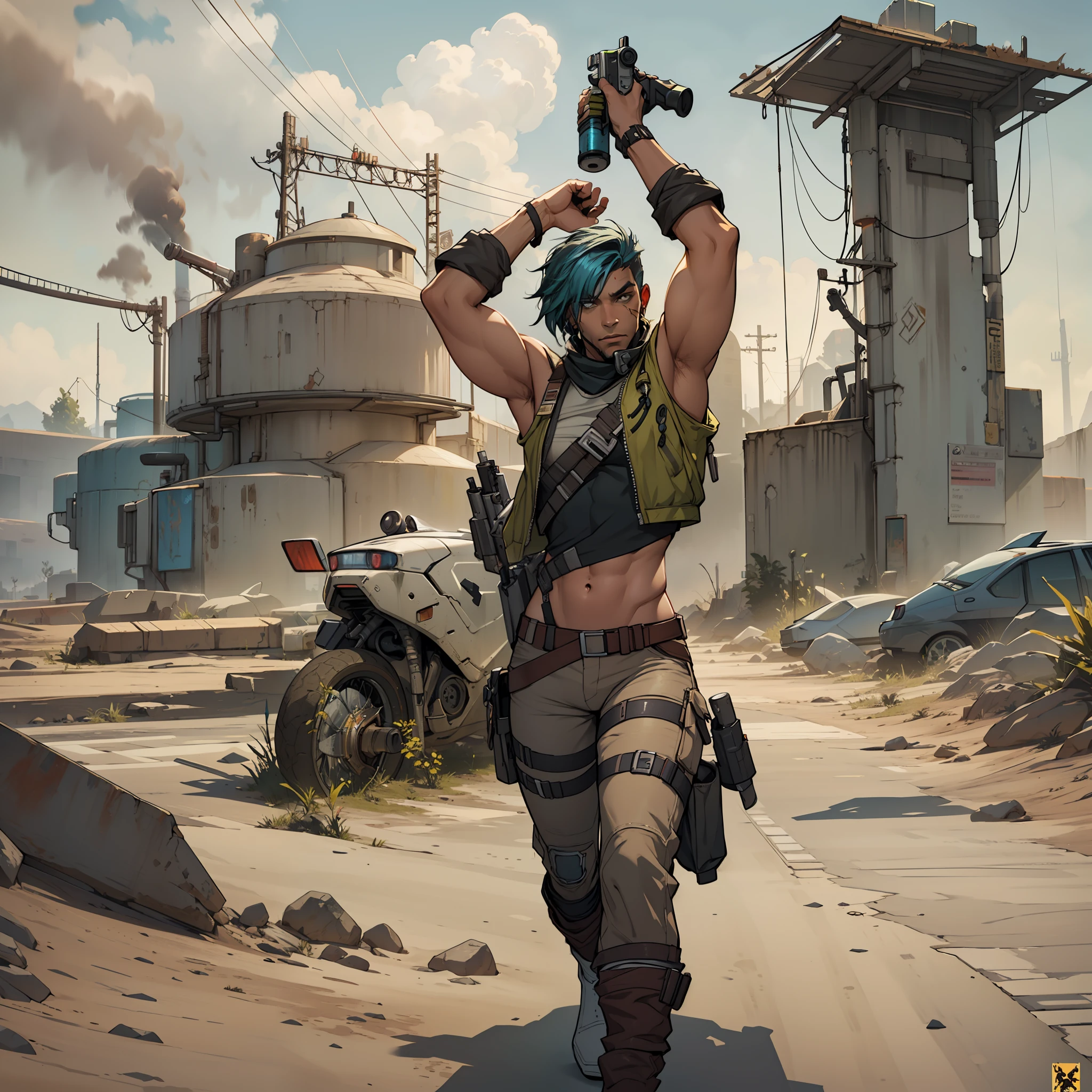 hombre, Ropa sexy, abs, musculoso, atractivo, badass pose, Hay un hombre sosteniendo una pistola y una pistola en la mano, Mad Max Mujer con una pistola, concept art digital illustration, Estilo de arte dieselpunk, Post-apocalyptic explorer, illustration concept art, epic fantasy sci fi illustration, Arte conceptual digital de alta calidad, epic scifi character art, Symmetrical dieselpunk warrior, Chica soldado dieselpunk, Arte conceptual de pintura digital,(((Estilo Borderlands)))