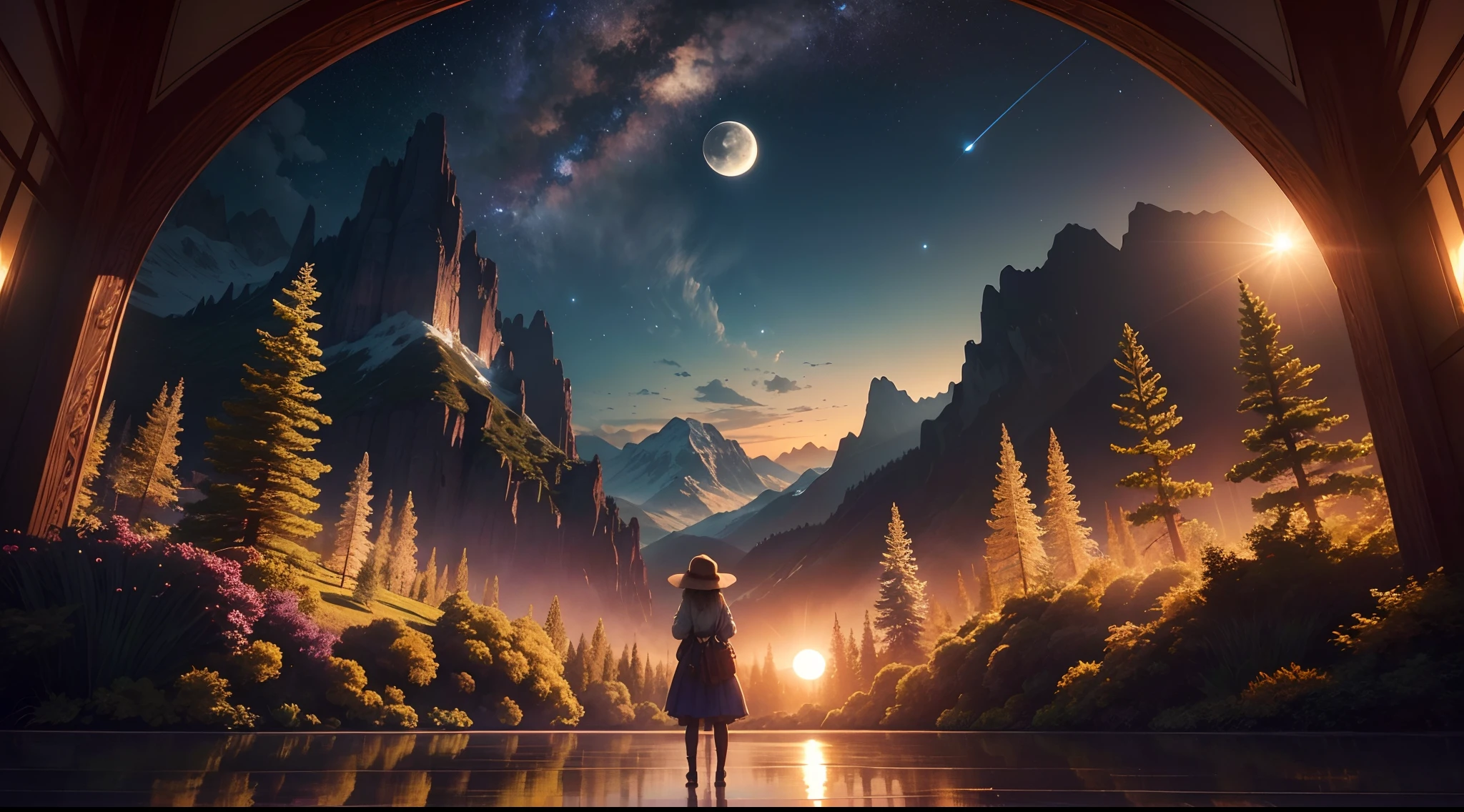 Expansive landscape photograph, (view from below with a view of the sky and the wilderness below),  girl standing in a flower field looking up, (full moon: 1.2), (shooting star: 0.9), (nebula: 1.3), distant mountain, tree break production art, (warm light source: 1.2), (firefly: 1.2), lamp, purple and orange, intricate detail, volume lighting BREAK (masterpiece: 1.2), (highest quality ), 4k, ultra-detailed, (dynamic configuration: 1.4), highly detailed and colorful details (iridescent: 1.2), (sparkling lighting, atmospheric lighting), dreamy, magical, (solo: 1.2)