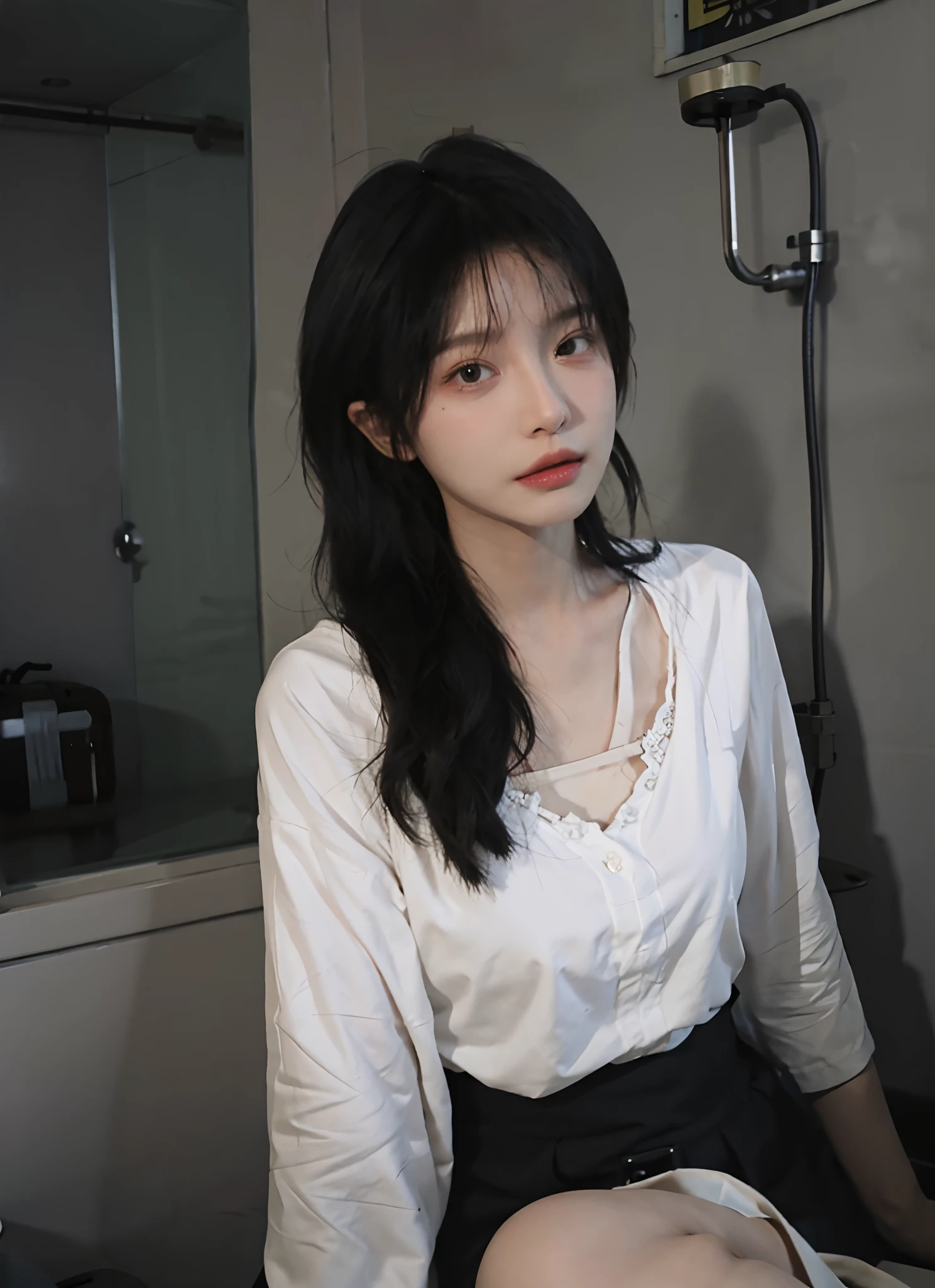best qualtiy，tmasterpiece，超高分辨率，（realisticlying：1.6），1girll，In the bathroom，Raised sexy，（The shirt：1.4），（brassier：1.4），（big cleavage breasts：1.5），（The upper part of the body：1.6），Dressed in black lace，